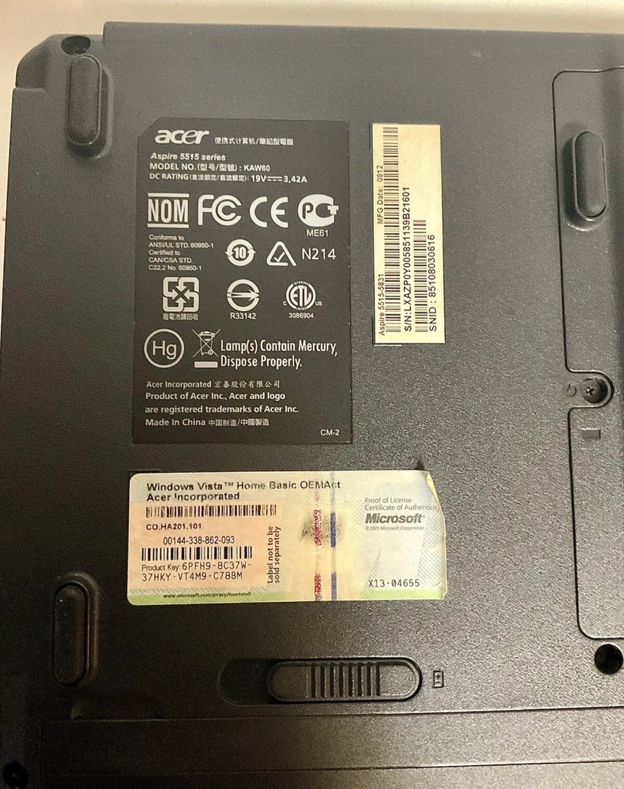 Acer Laptop 5515 Series 2012 With Charging Cord