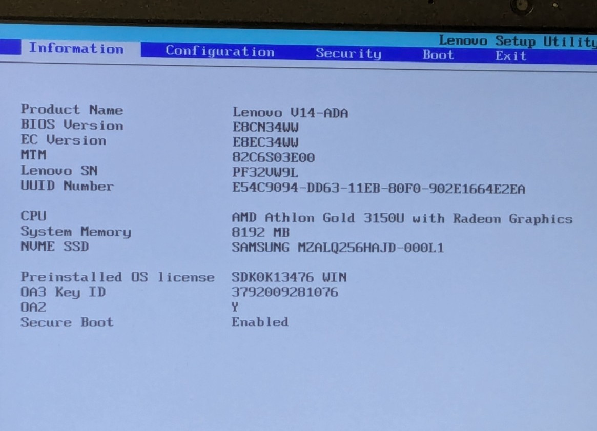 Lenovo ThinkPad V14-ADA AMD Athlon Gold 3150U 8GB 256GB SSD W11P Education
