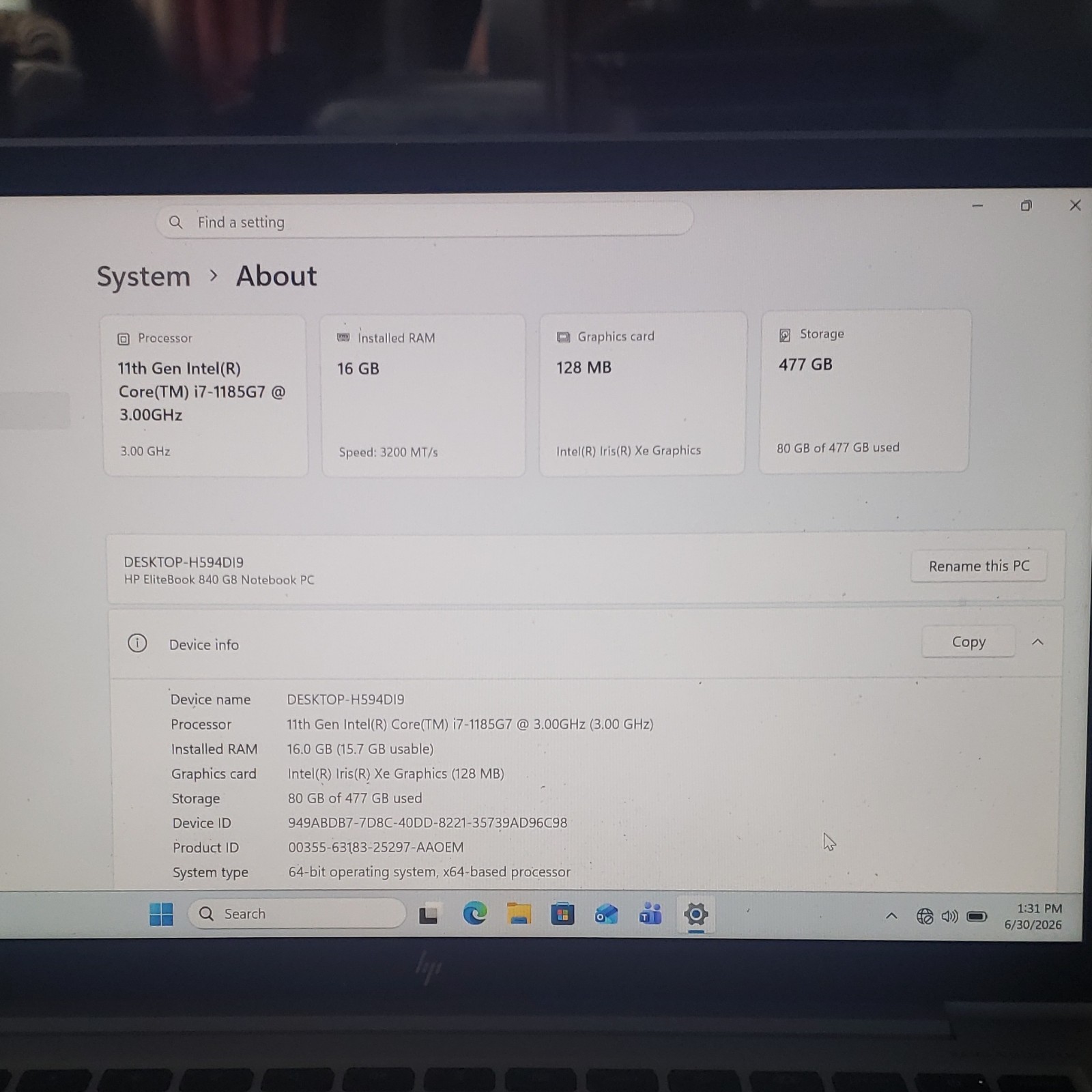 HP EliteBook 840 G8 14″ i7-1185G7 16GB RAM 477GB SSD Win 11 Silver