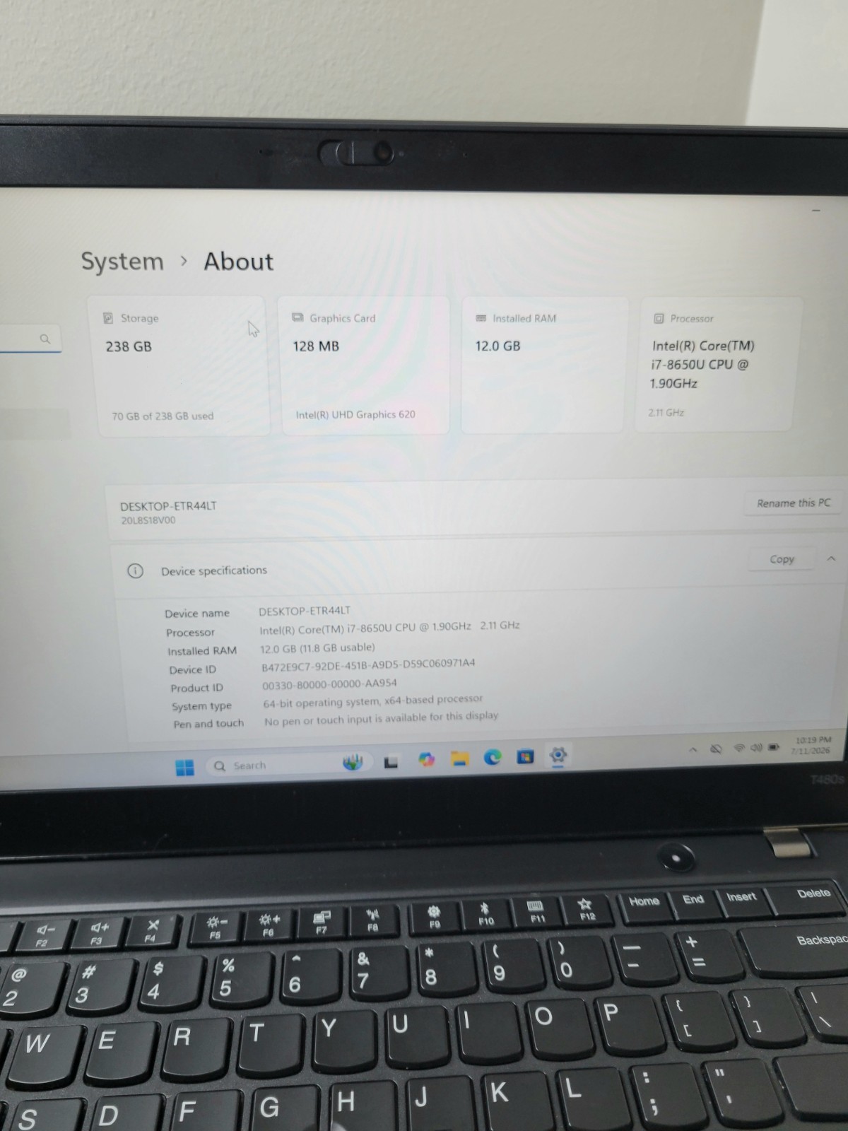 Lenovo Thinkpad T480s i7 8650U 12Gb 256Gb FHD 14″ . Grade B+