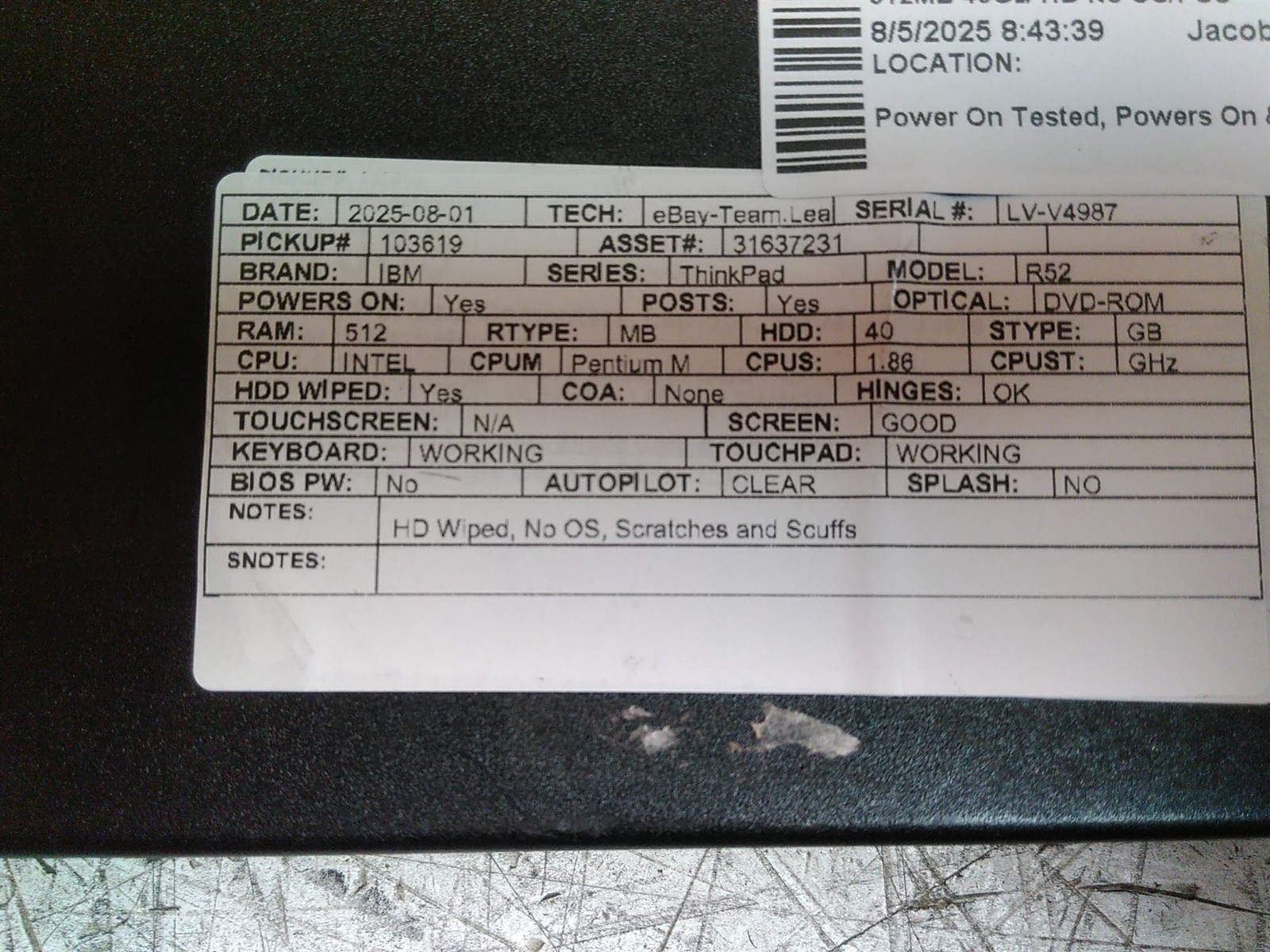 IBM ThinkPad R52 Laptop Intel Pentium M 1.86GHz 512MB 40GB HD No PSU