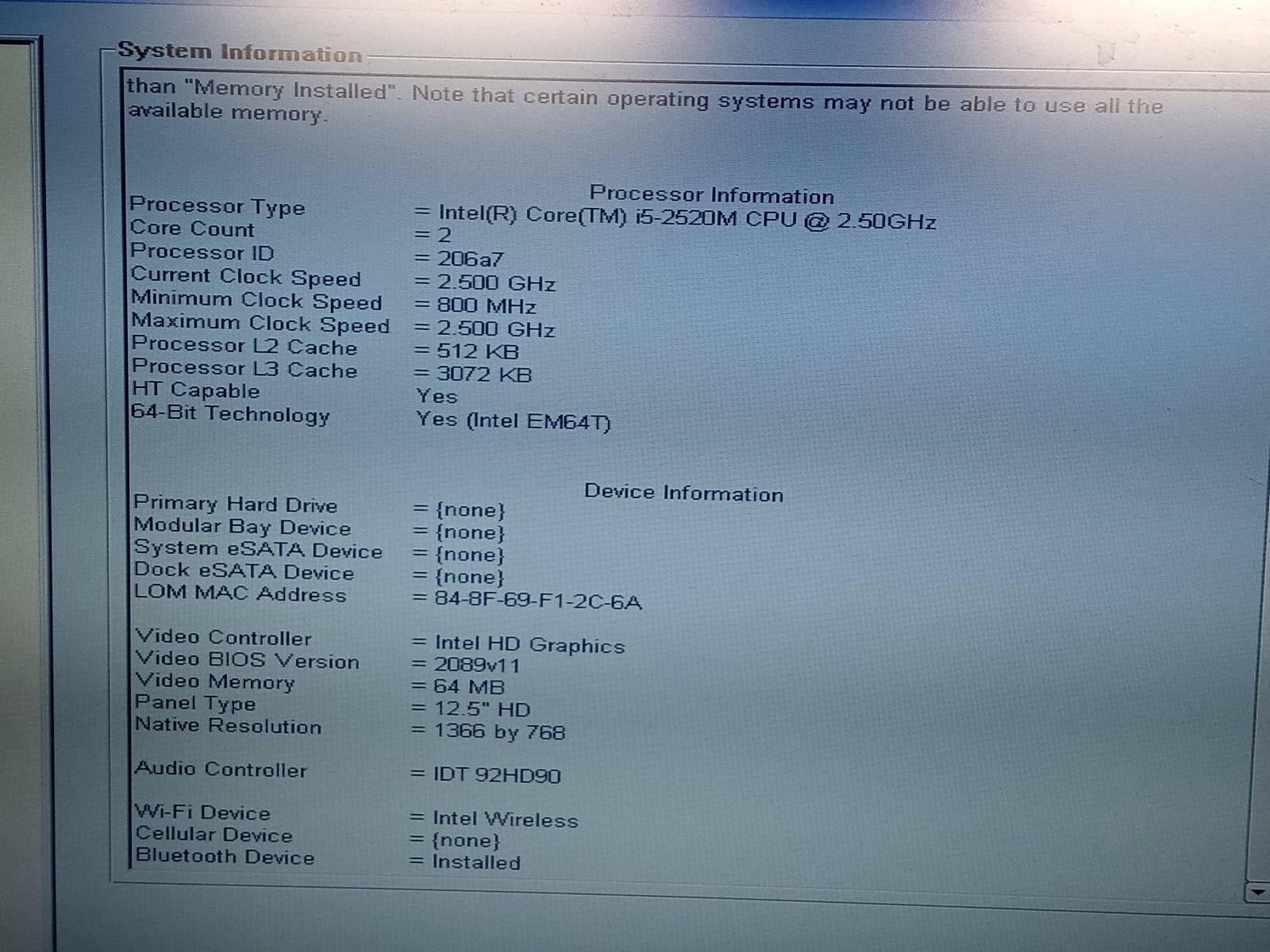 Dell Latitude E6220 Intel Core i5-2520M 2.50GHz 6GB NO HDD