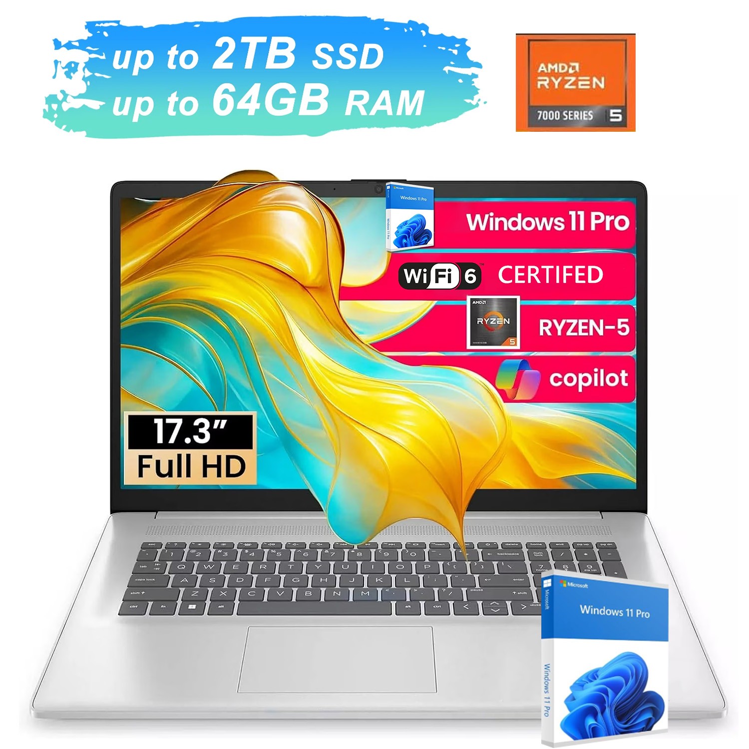 HP 17.3″ Laptop,AMD Ryzen 5 7430U(Beat i7-1255U),UpTo 64GB RAM 2TB SSD+Win11Pro