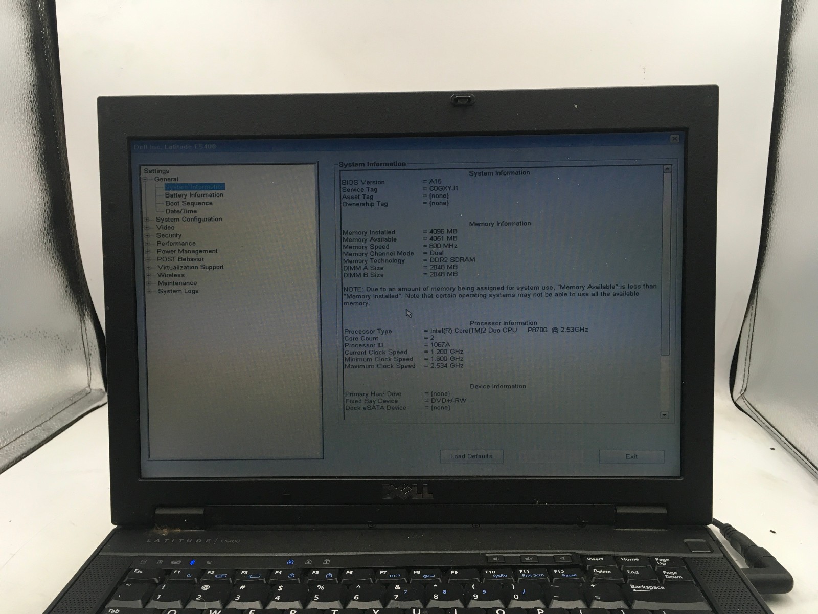 DELL LATITUDE E5400 – BOOTS TO BIOS – INTEL CORE 2 DUO P8700 – 4GB RAM -READ- BB