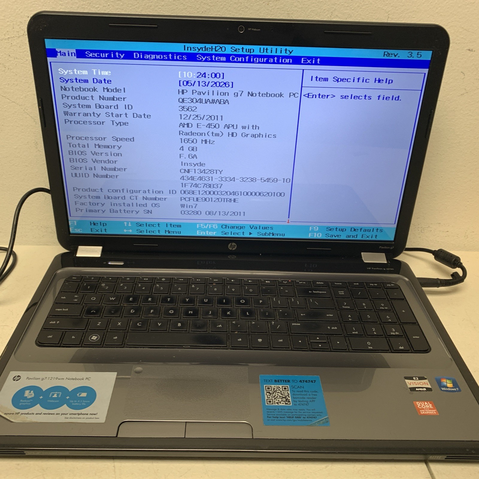 HP Pavilion G7-1219WM AMD E-450 1650MHz 4 GB NO HDD
