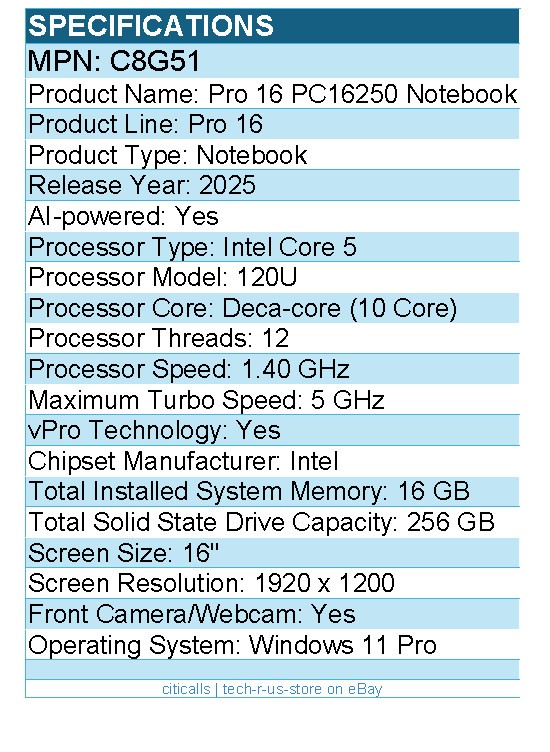Dell C8G51 Pro 16 PC16250 16″ Notebook – Full HD Plus – 60 Hz – Intel Core 5