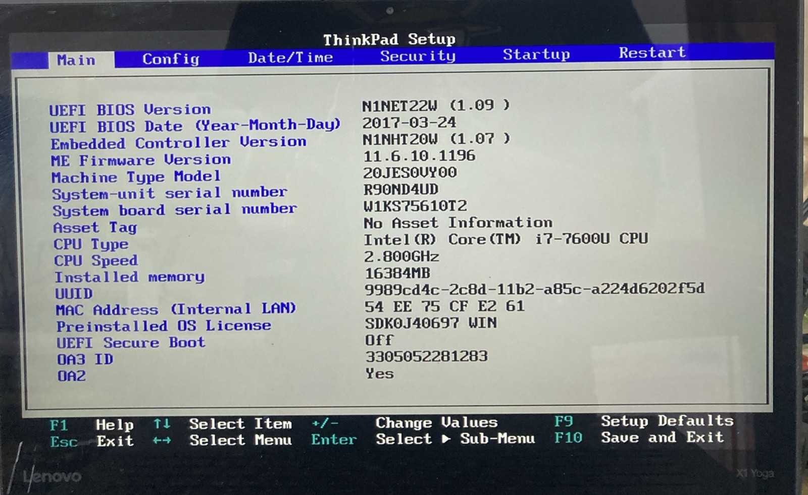 Lenovo ThinkPad X1 Yoga i7-7600U 2.80GHz 16GB no HDD Boot to BIOS no batt crack