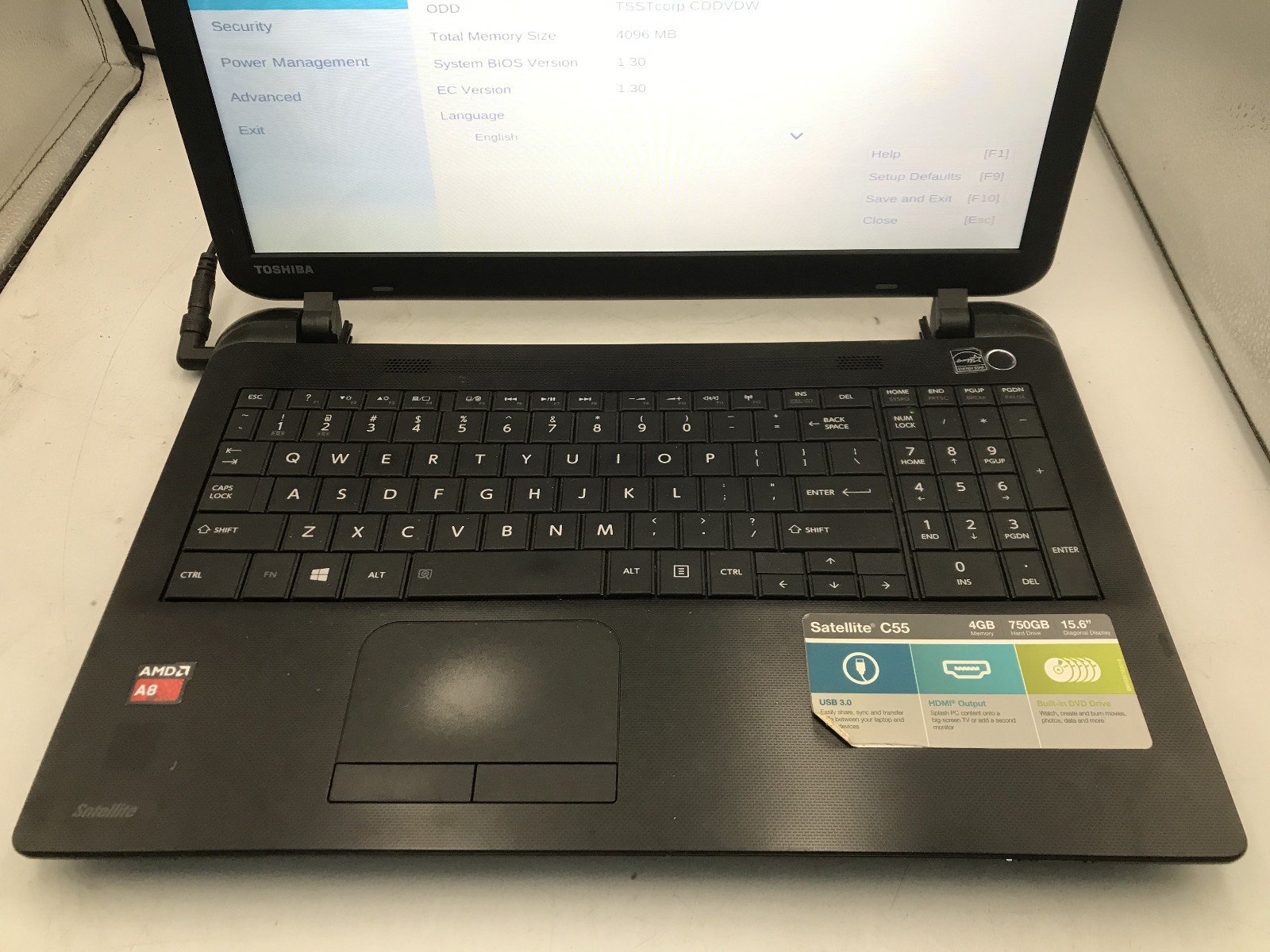 TOSHIBA SATELLITE C55D B5206 – BOOTS TO BIOS – AMD A8 6410 – 4GB RAM – READ – BB
