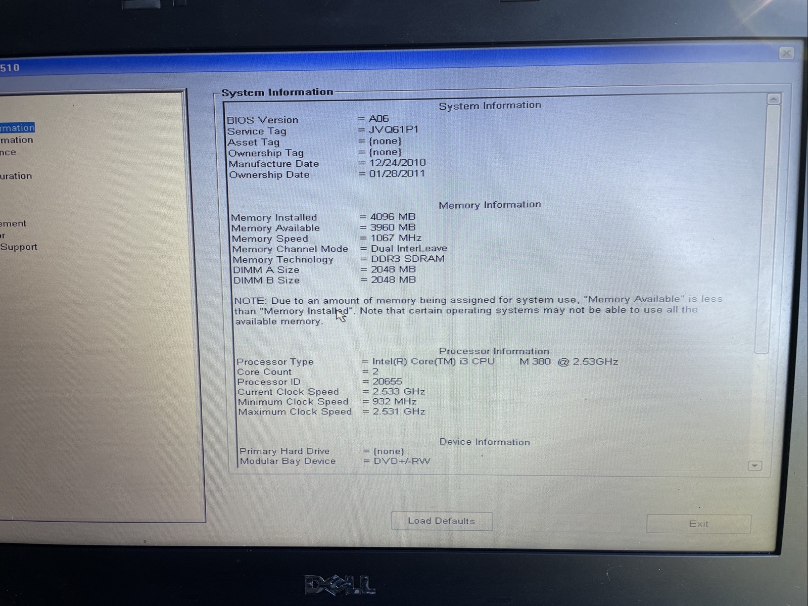Dell Latitude E6510 i3-M380 2.53Ghz 4GB No HDD No Charger-For Parts