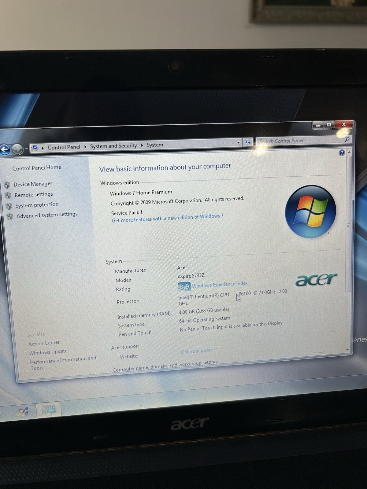 Acer Aspire 5733Z-4851 Laptop No Battery Or Charger Works