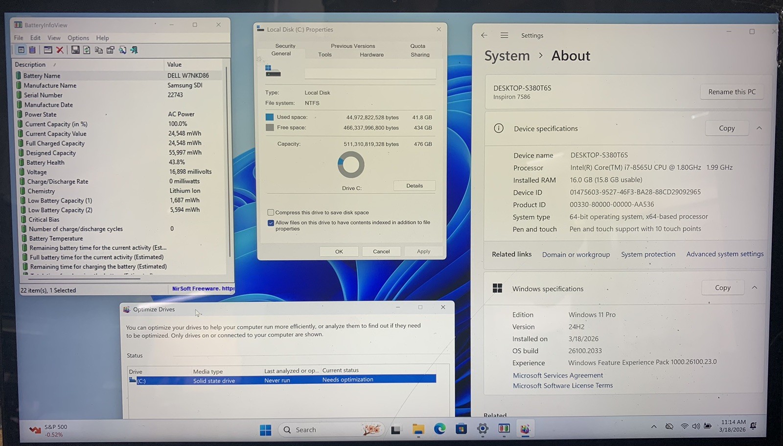 DELL INSPIRION 7586 Intel Core i7-8565U@1.80GHZ 16GB DDR4 RAM 512GB SSD WIN 11P
