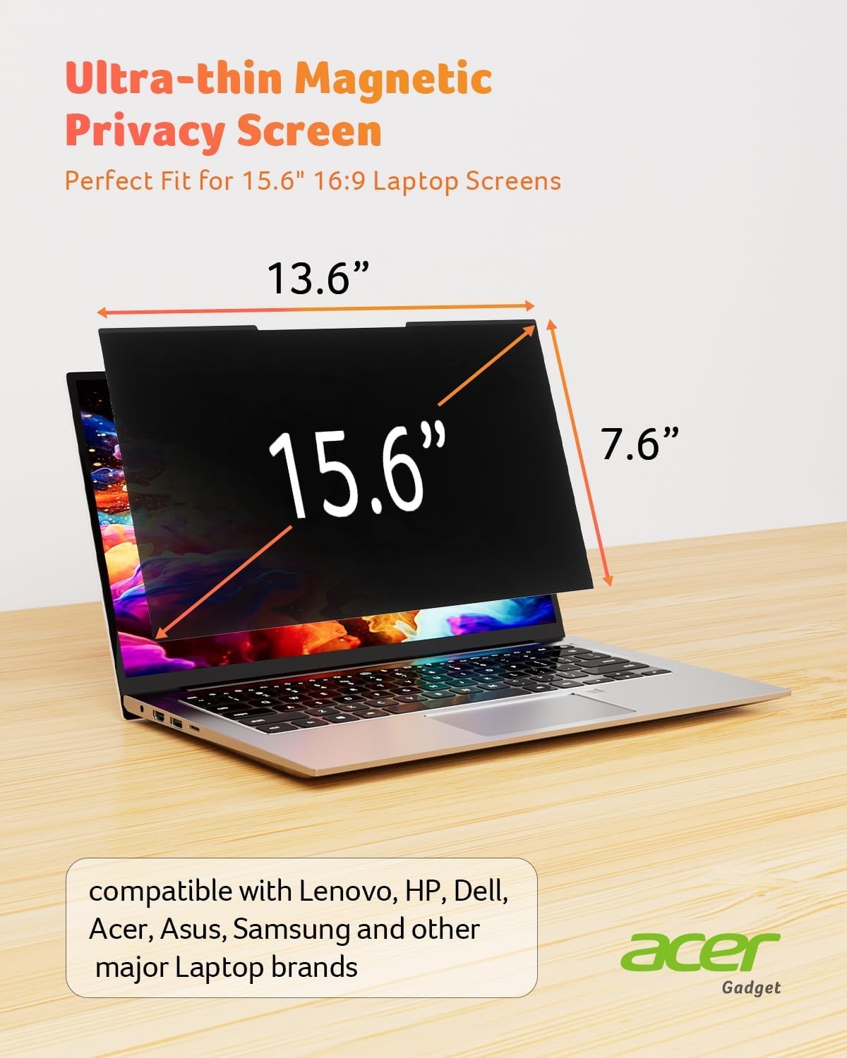 Laptop Privacy Screen for Laptop 15.6 Inch 16:9, Magnetic & Removable Filter Shi