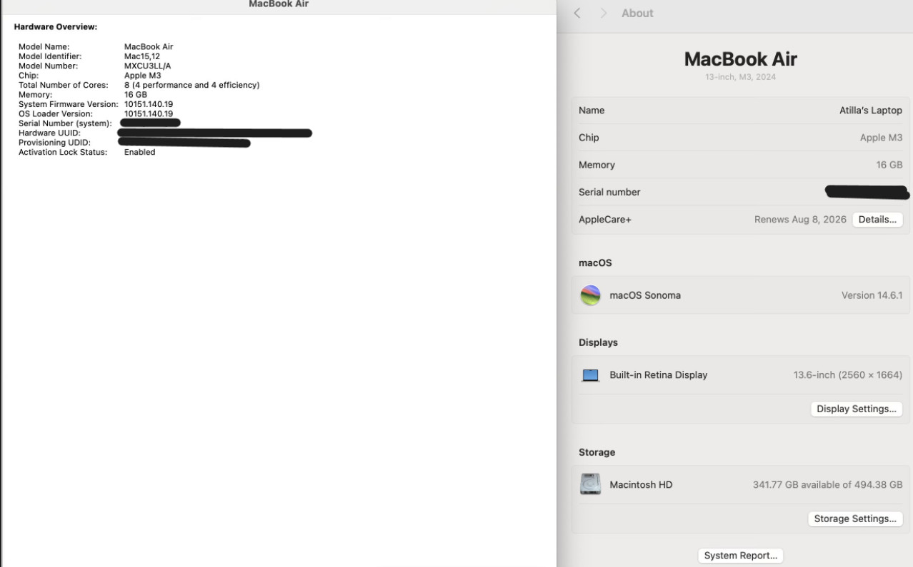 MacBook Air M3 2024, A3113, 16GB, 512GB SSD, 10C, Active AppleCare+