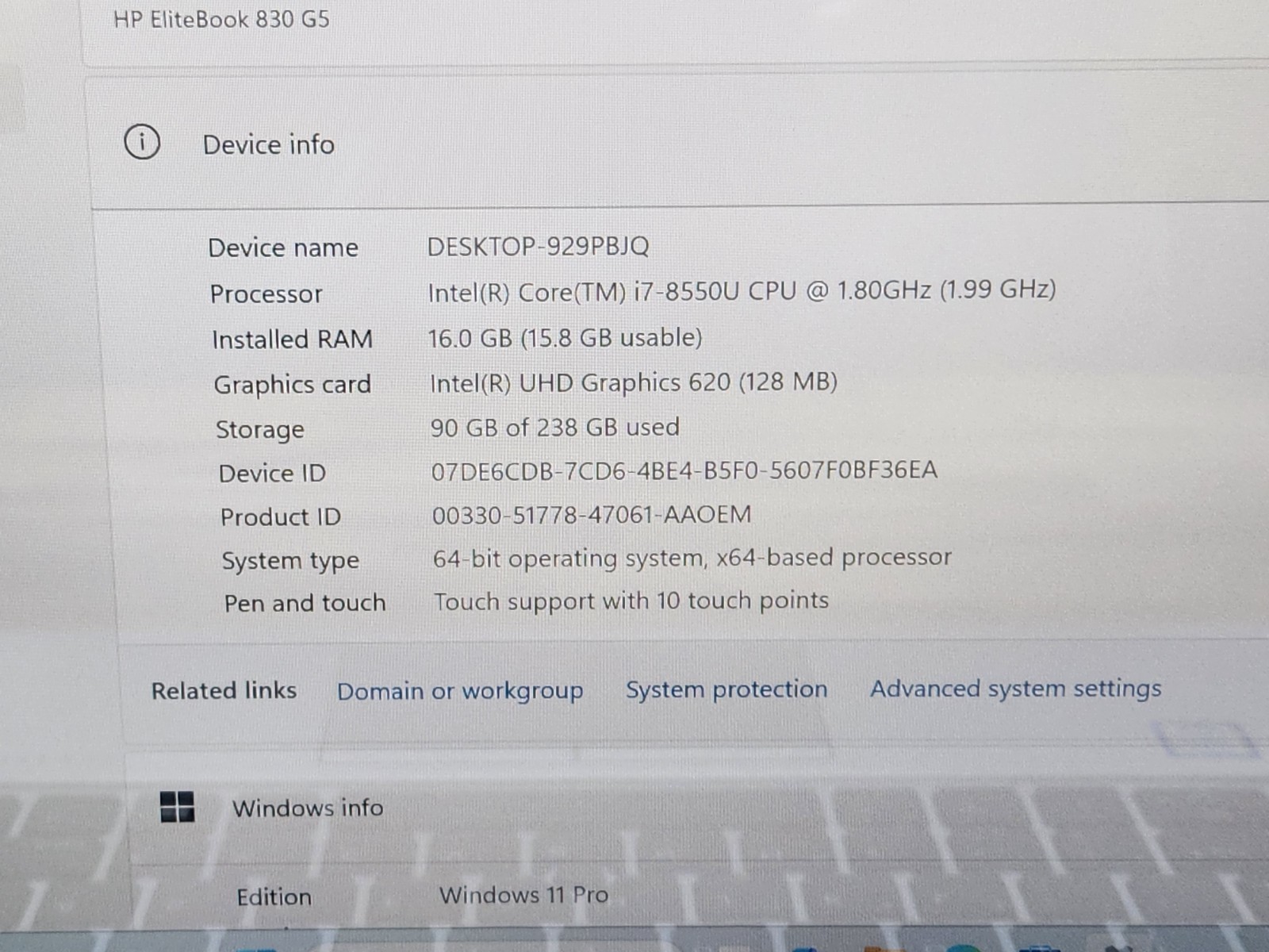 HP EliteBook 830 G5 13″ FHD Touchscreen i7-8550U 1.80GHz 16GB 256GB SSD Win 11 ~