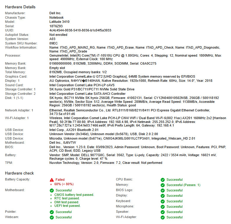 Dell Latitude 3410, i7-10510U CPU, @ 1.80GHz, 8GB RAM, 256GB NVMe-No OS/Charger