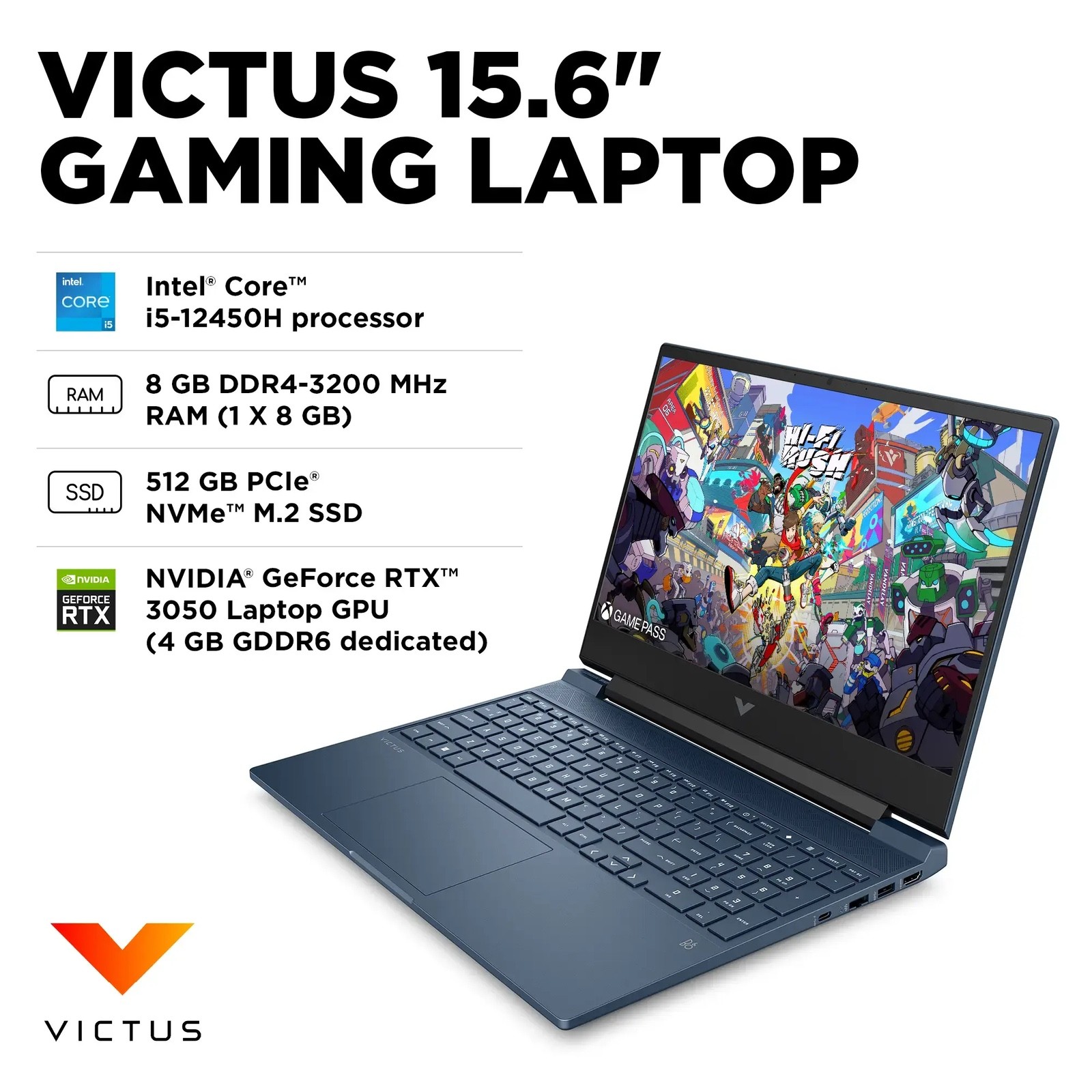 HP Victus 15.6 Intel i5-12450H/8G/512G SSD/GeForceRTX3050 Gaming 15-FA0033DX New