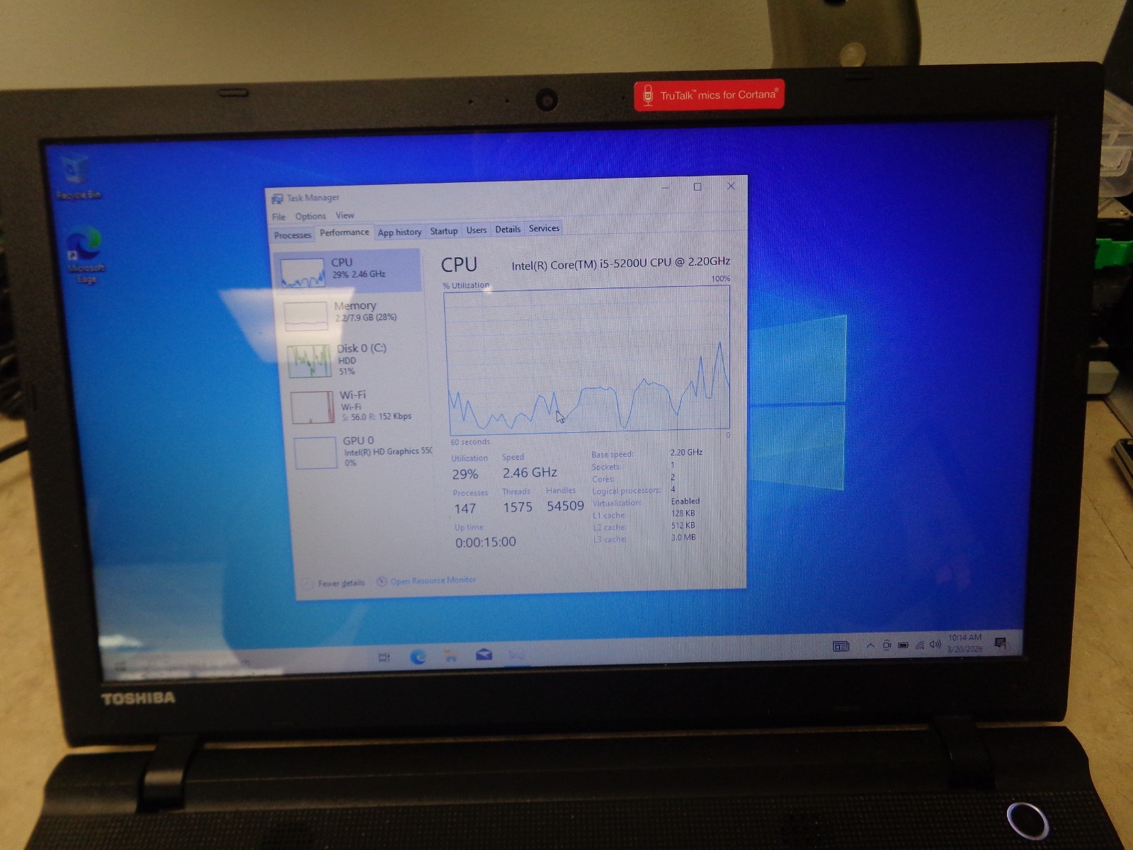 TOSHIBA SATELLITE C55-C5241 LAPTOP i5-5200U 2.20GHz 8GB RAM 15.6 Ethernet wifi