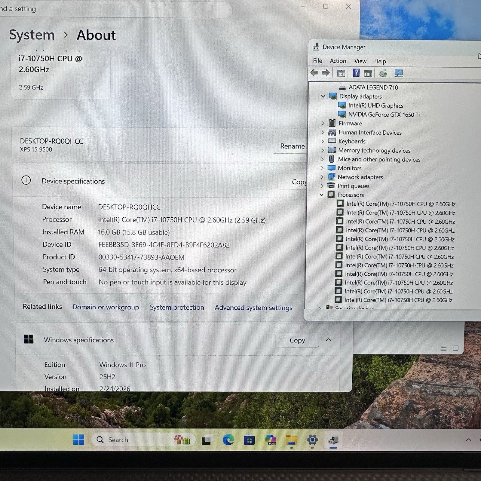 Dell XPS 15 9500 Intel I7-10750H 2.6GHz, 16GB Ram, 512GB NVMe, W-11 Pro..