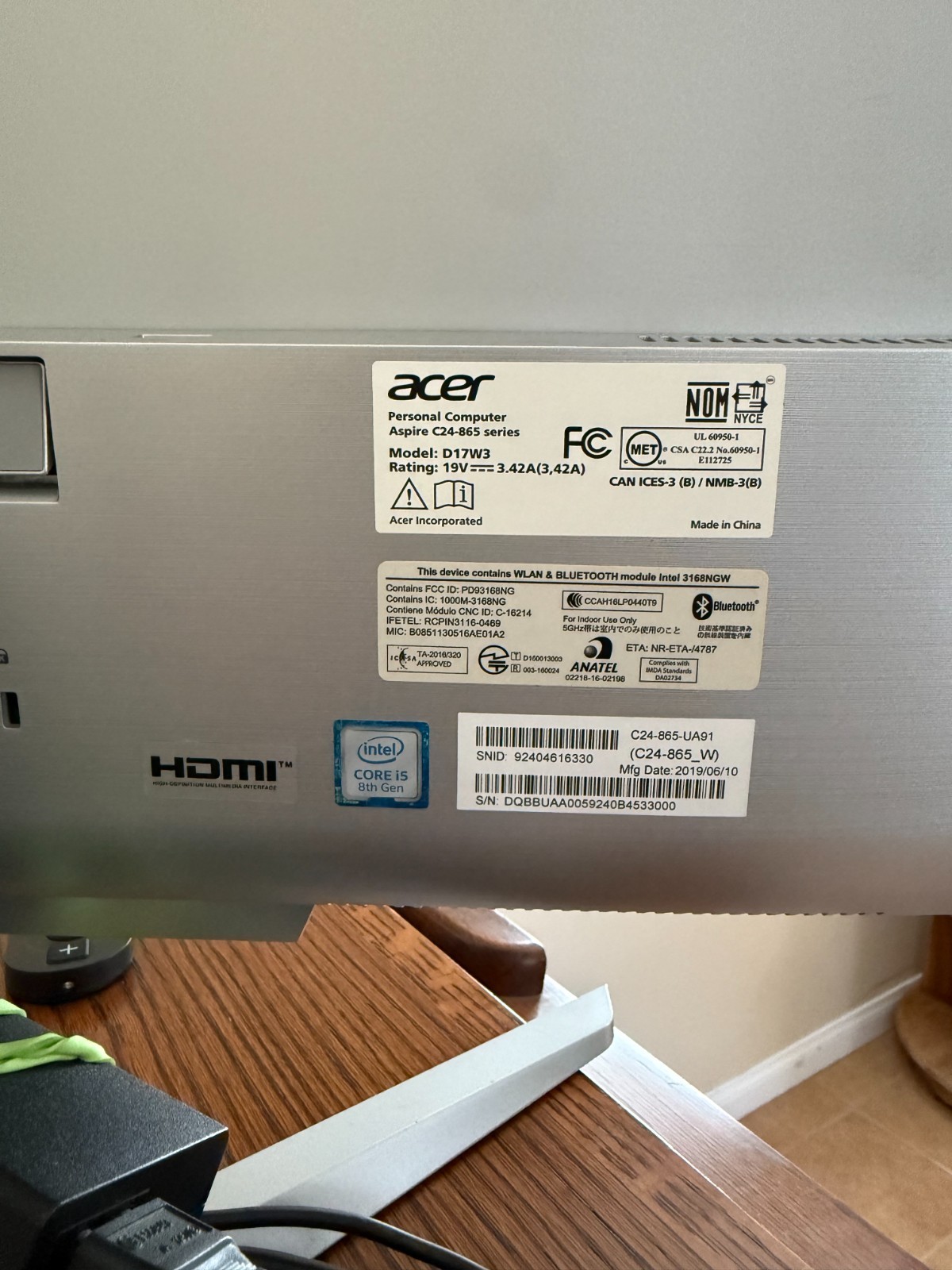 Acer Aspire C24-865 series 21″ Intel Core 8th Gen All in One-Silver Monitor