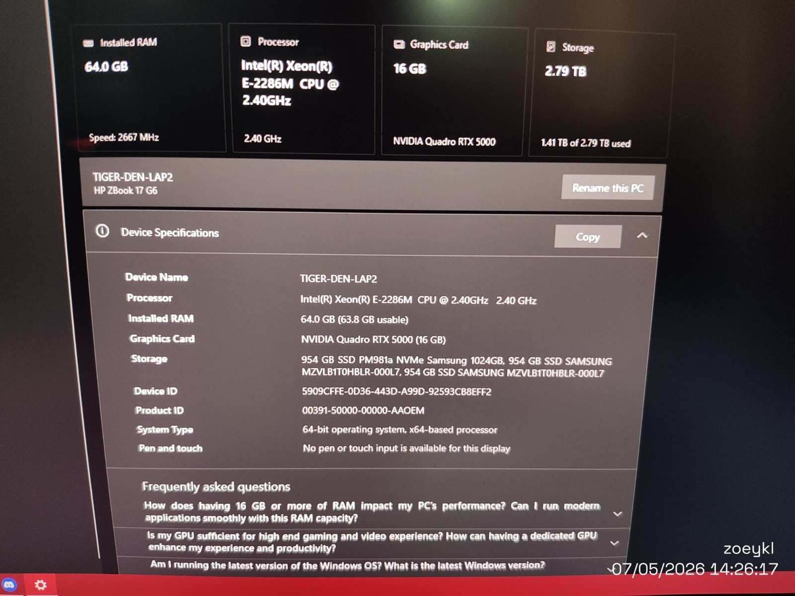 HP ZBook 17 G6 | Xeon E2286M | 64GB ECC RAM | RTX 5000 16GB | 3x 1TB Samsung SSD