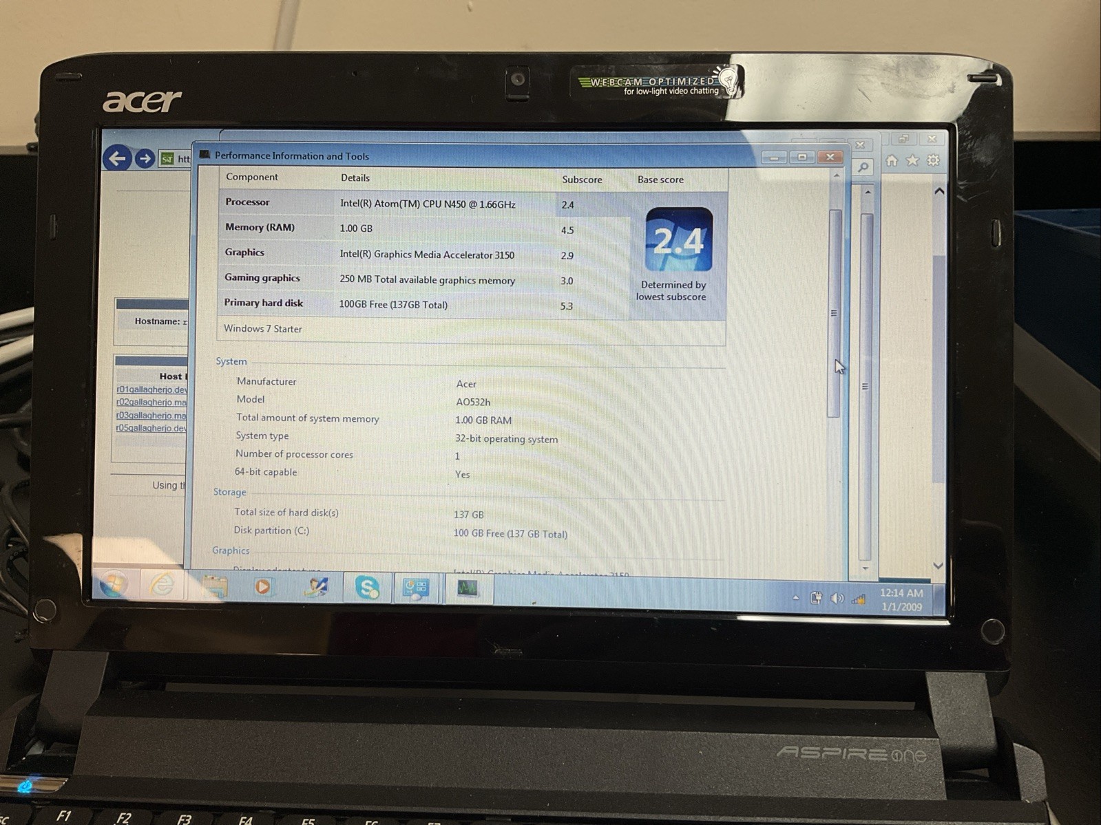 Acer Aspire One A0532h Intel Atom 1.66GHz 1.00 GB 250MB Memory