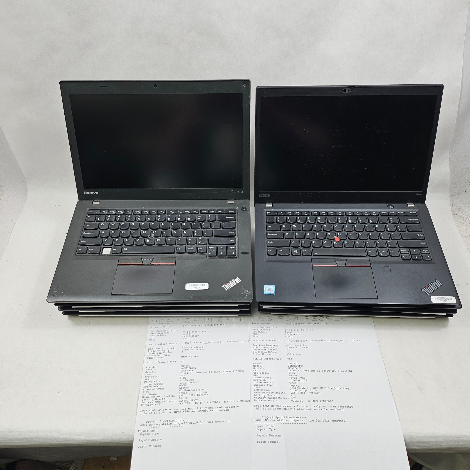 Lot of 8 Mixed Model Lenovo ThinkPad i5-5th-8th Gen 8/16GB RAM Mixed Specs *Read