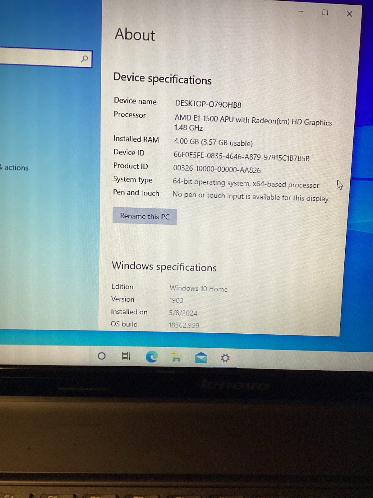 Lenovo G585 G Series 15.6″ AMD E1-1500 1.48GHz 4GB RAM Win10