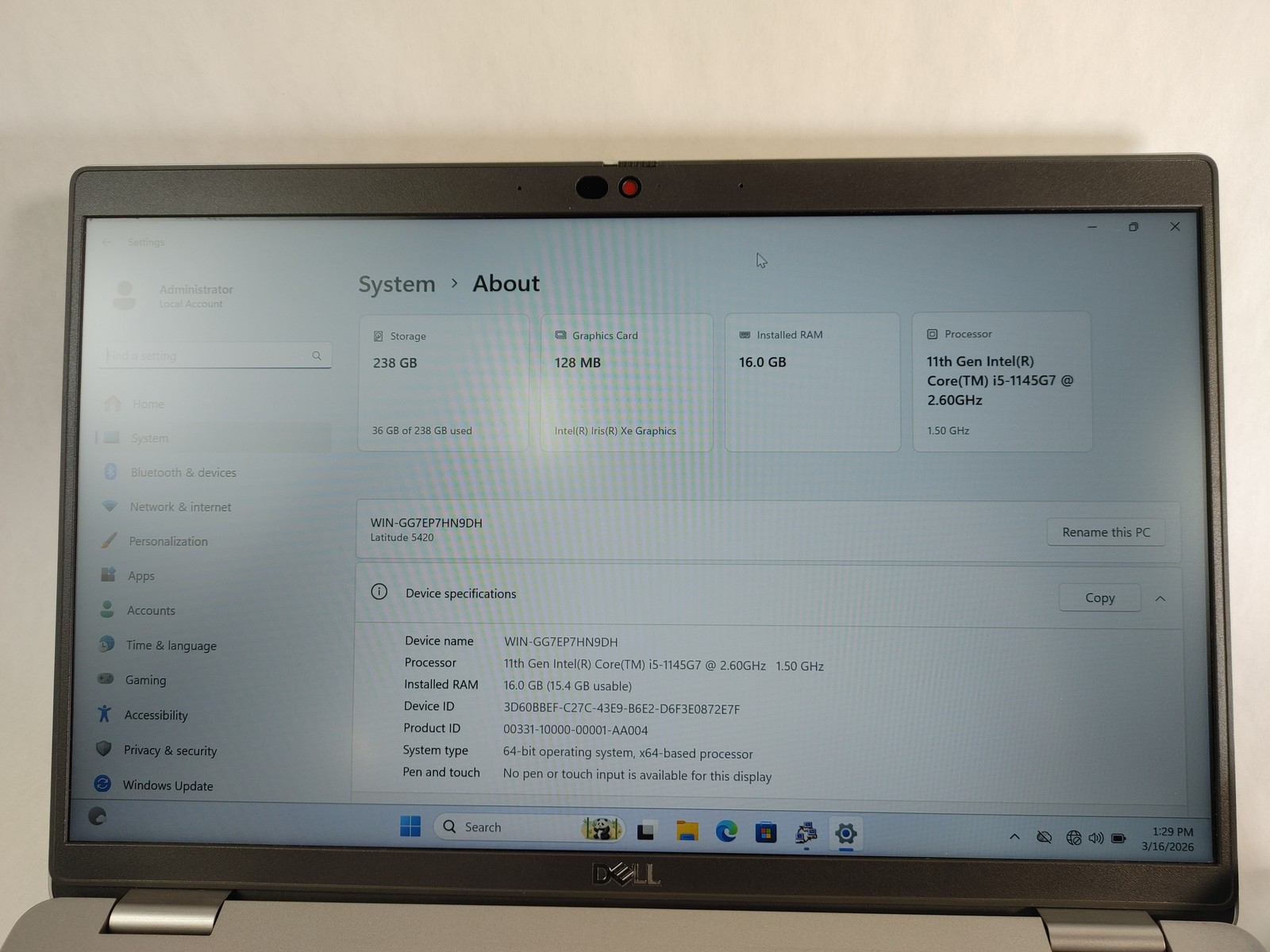 Dell Latitude 5420 Core i5-1145G7 2.60 GHz 16 GB DDR4 256 GB NVMe Windows 11 Pro