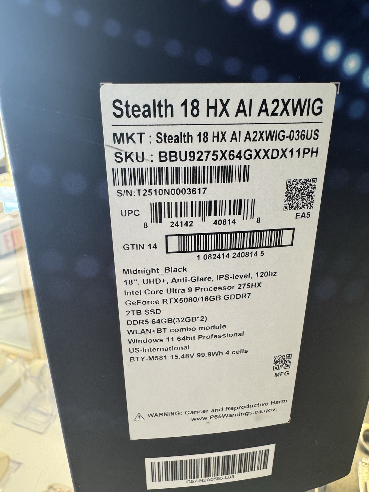 MSI Stealth 18 HX AI – RTX 5080 / 64GB / 2TB – Gaming Laptop – New OPEN BOX –