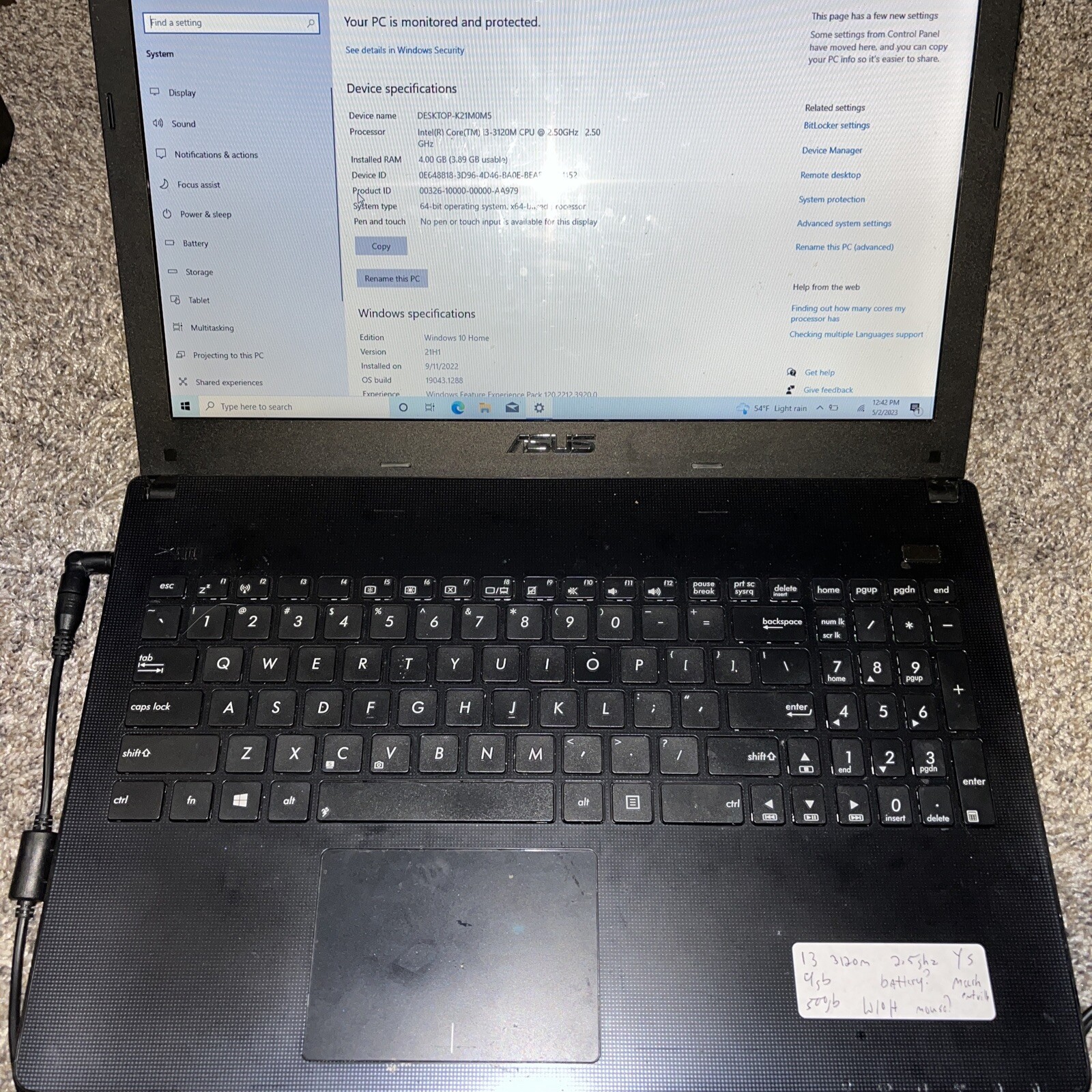 Asus X501A 15.6″ Core i3-3120m 2.5Ghz 4GB RAM 500GB HDD No Battery/Charger