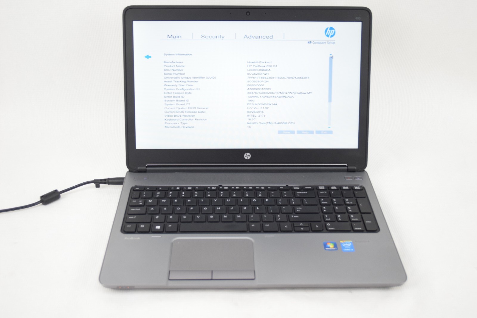 HP ProBook 650 G1 Intel Core i3-4000M 2.4GHz 4 GB 15.5″ NO HDD or OS