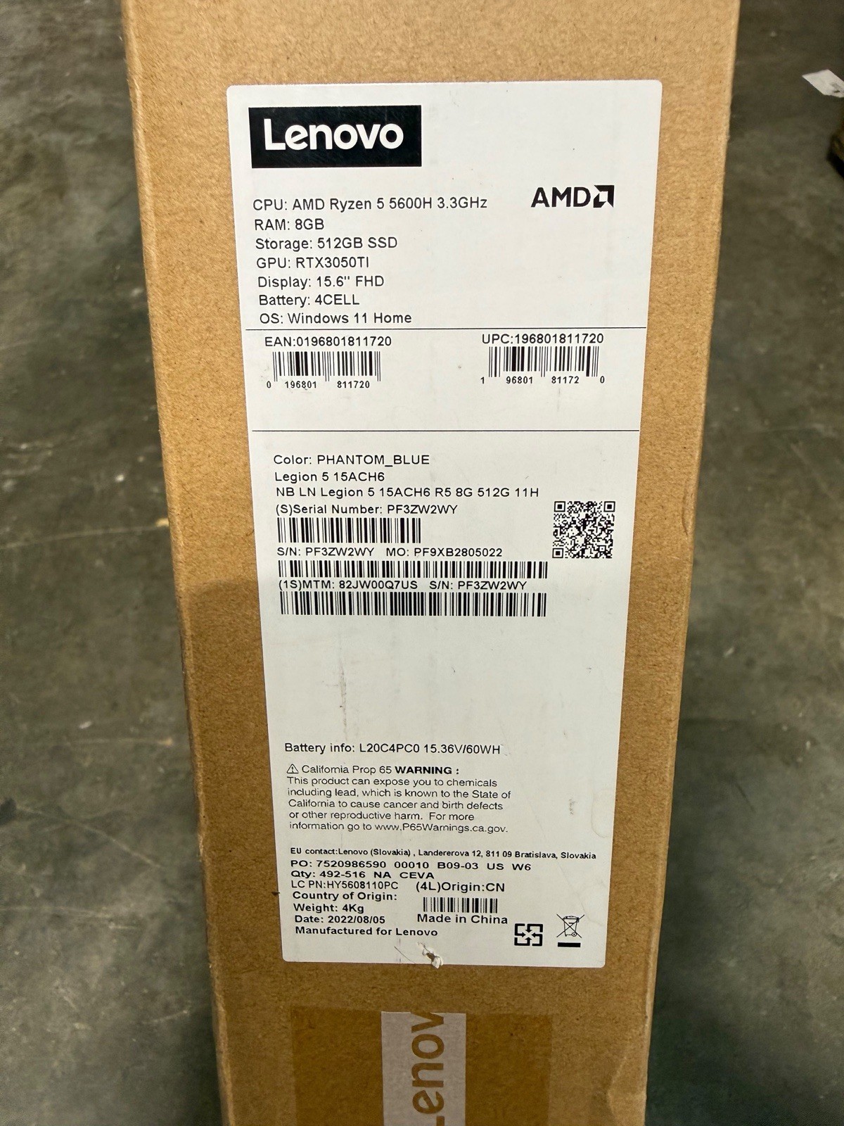 Lenovo Legion 5 15.6in FHD Gaming Ryzen 5 5600H 8GB 512GB RTX 3050 Ti Win11 Blue