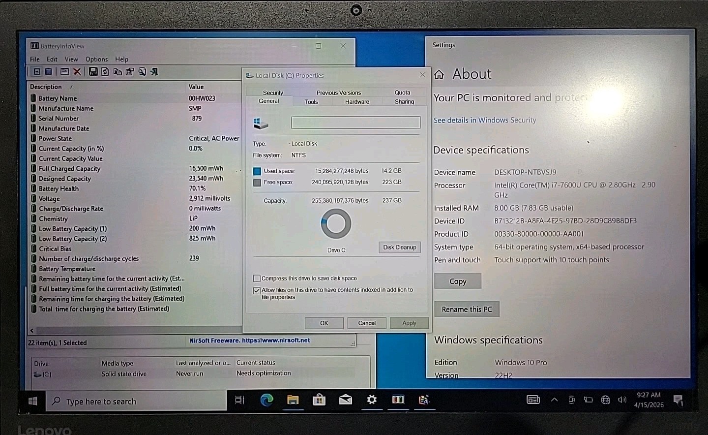 Lenovo ThinkPad T470s Intel Core i7-7600U @ 2.8GHz 8GB RAM 256GB SSD W10P *READ*