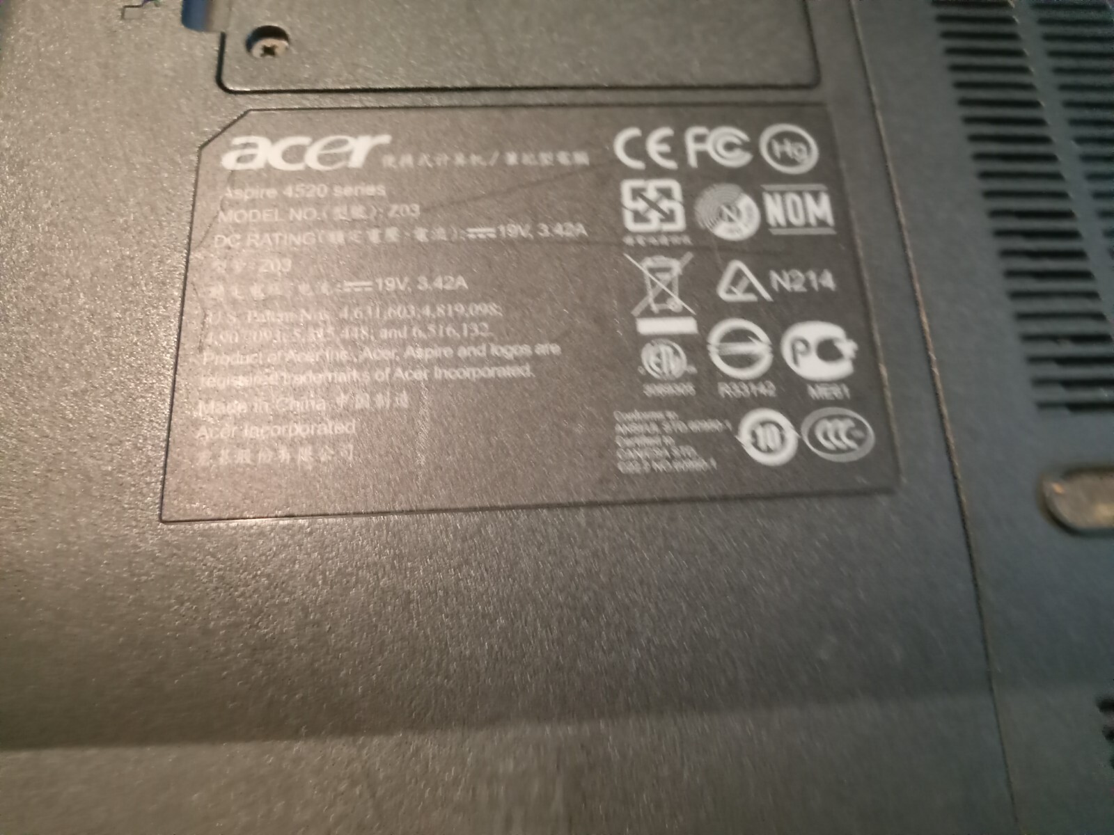 ACER Aspire 4520 AMD Turion 64 X2 Laptop for Parts or Repair