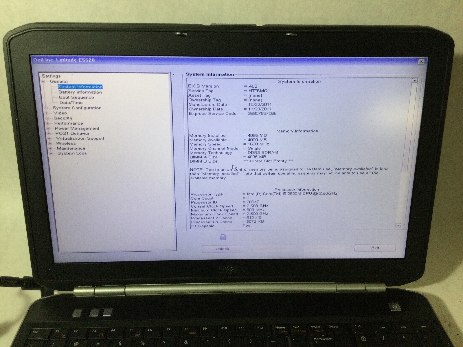 DELL LATITUDE E5520 – BOOTS TO BIOS / BIOS LOCK – INTEL I5 – NO RAM – READ – BB!