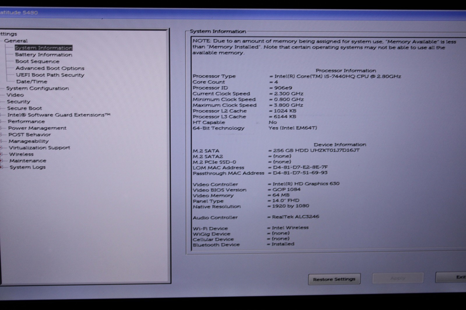 Dell Latitude 5480 i5-7440HQ @ 2. GHz 16GB RAM 256GB SSD No OS