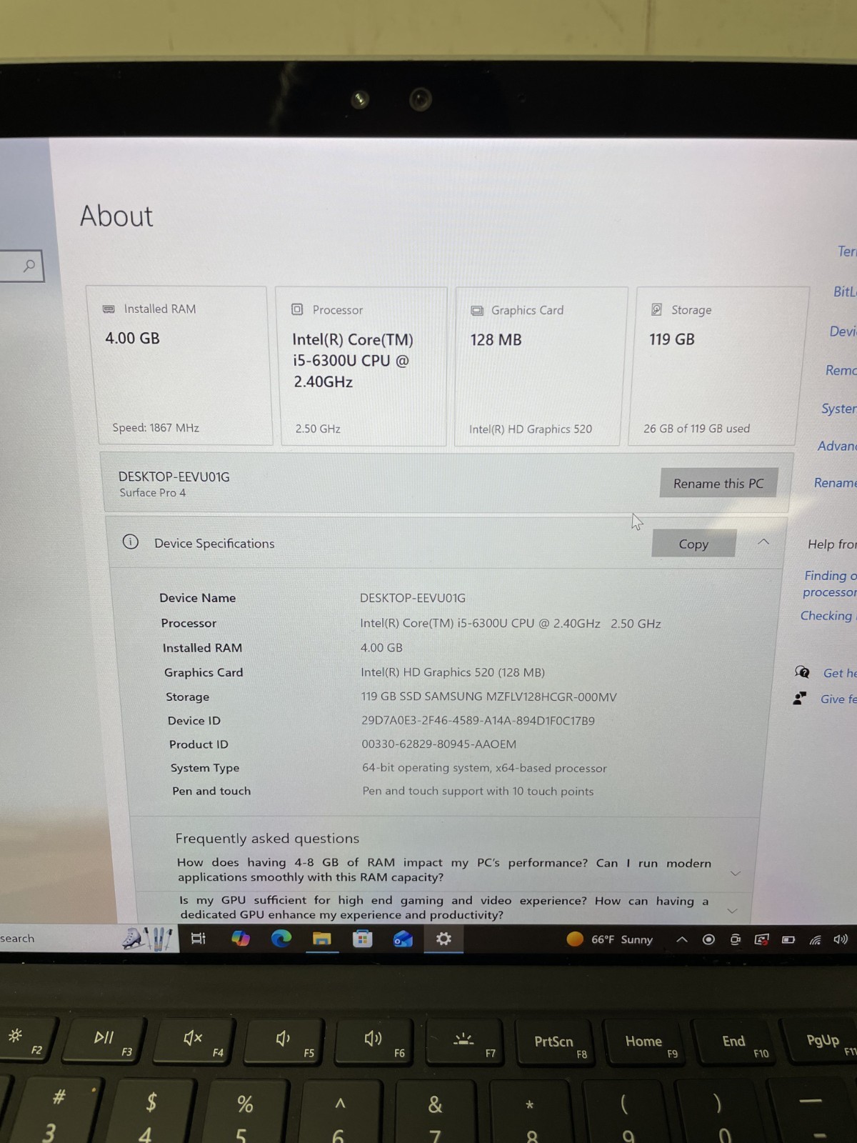 Microsoft Surface Pro 4 Intel Core i5-6300U 4GB RAM 128GB SSD Windows10Pro
