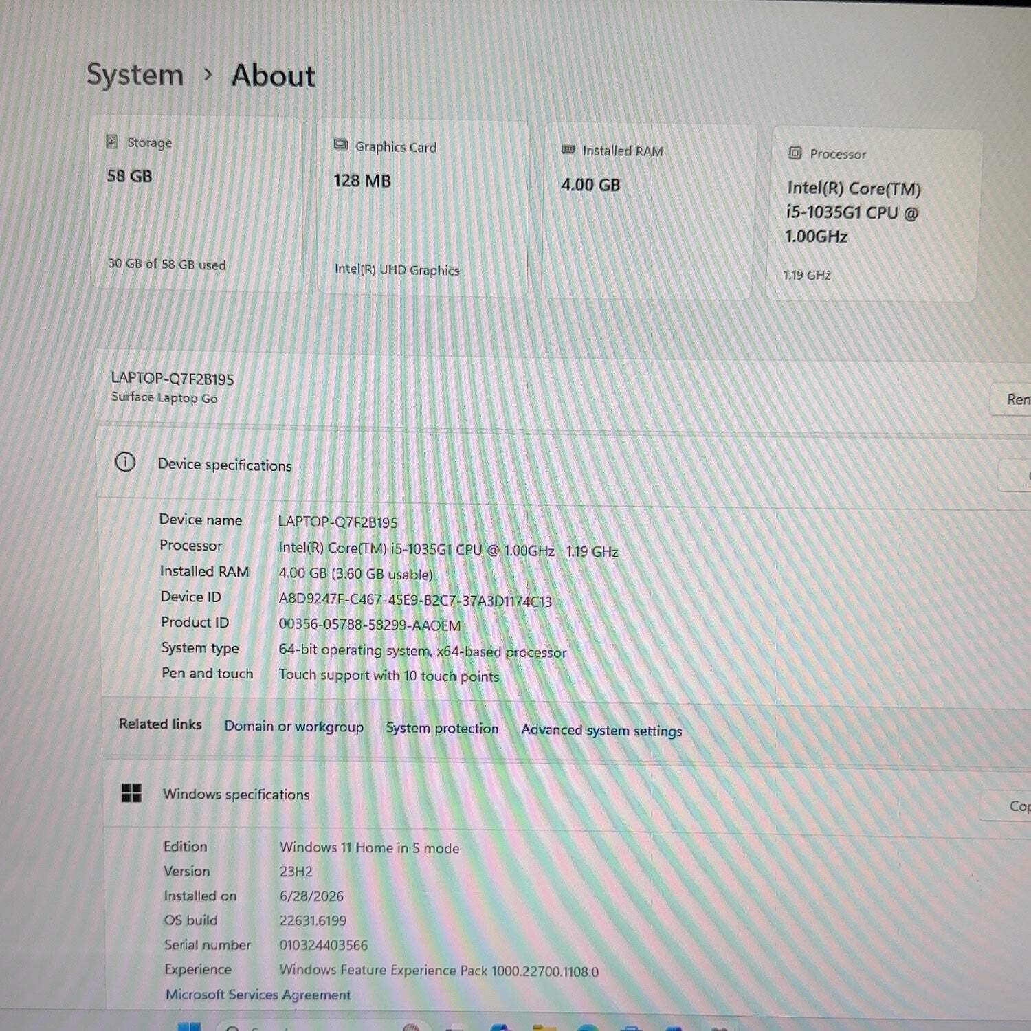 Microsoft Surface Laptop Go 1 1943 12.4″ i5-1035G1 1.0GHz 4GB RAM 64GB SSD