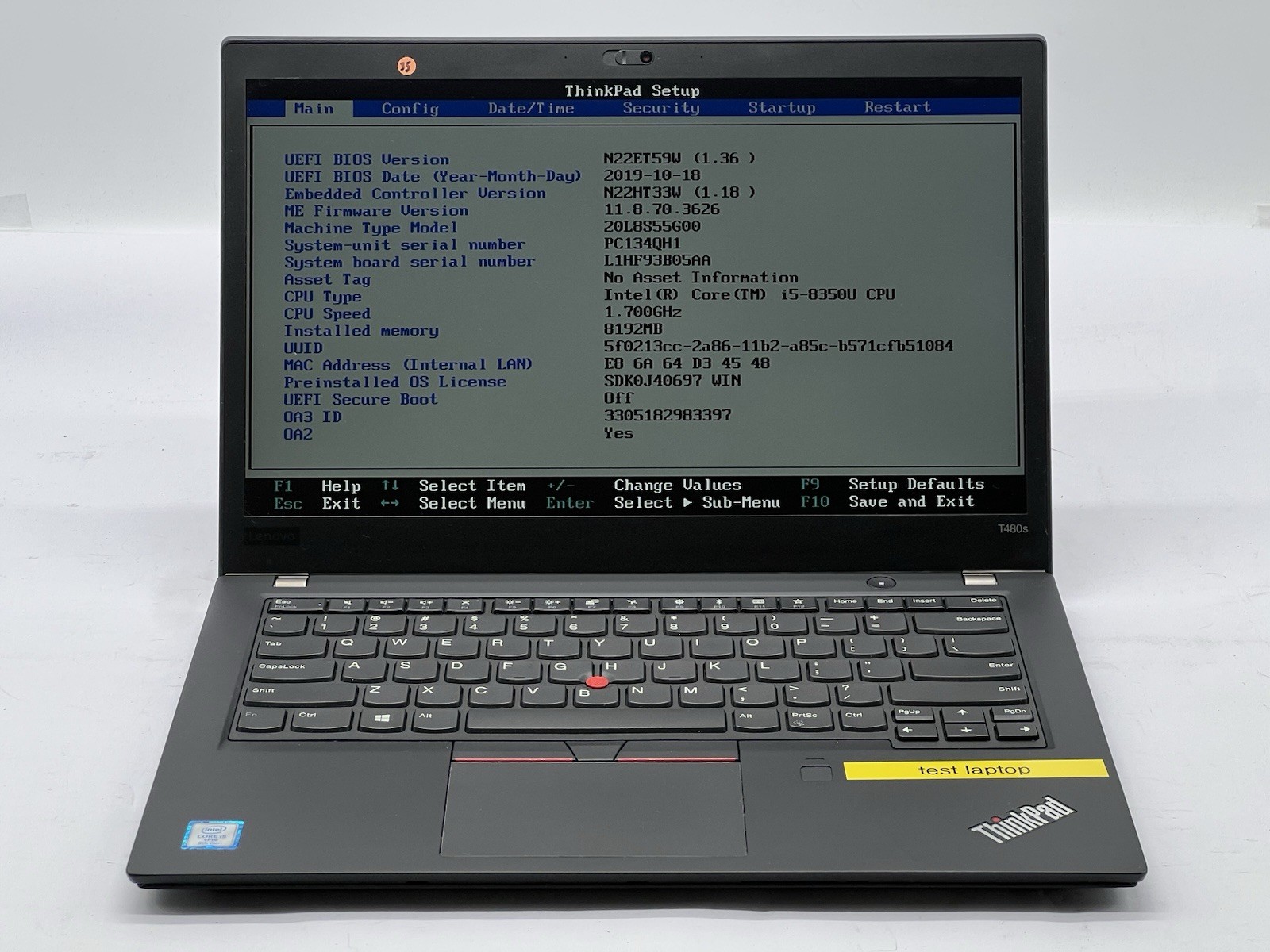 Lenovo ThinkPad T480s, i5-8350U CPU, @ 1.70GHz, 8GB RAM-No HDD/OS/Charger