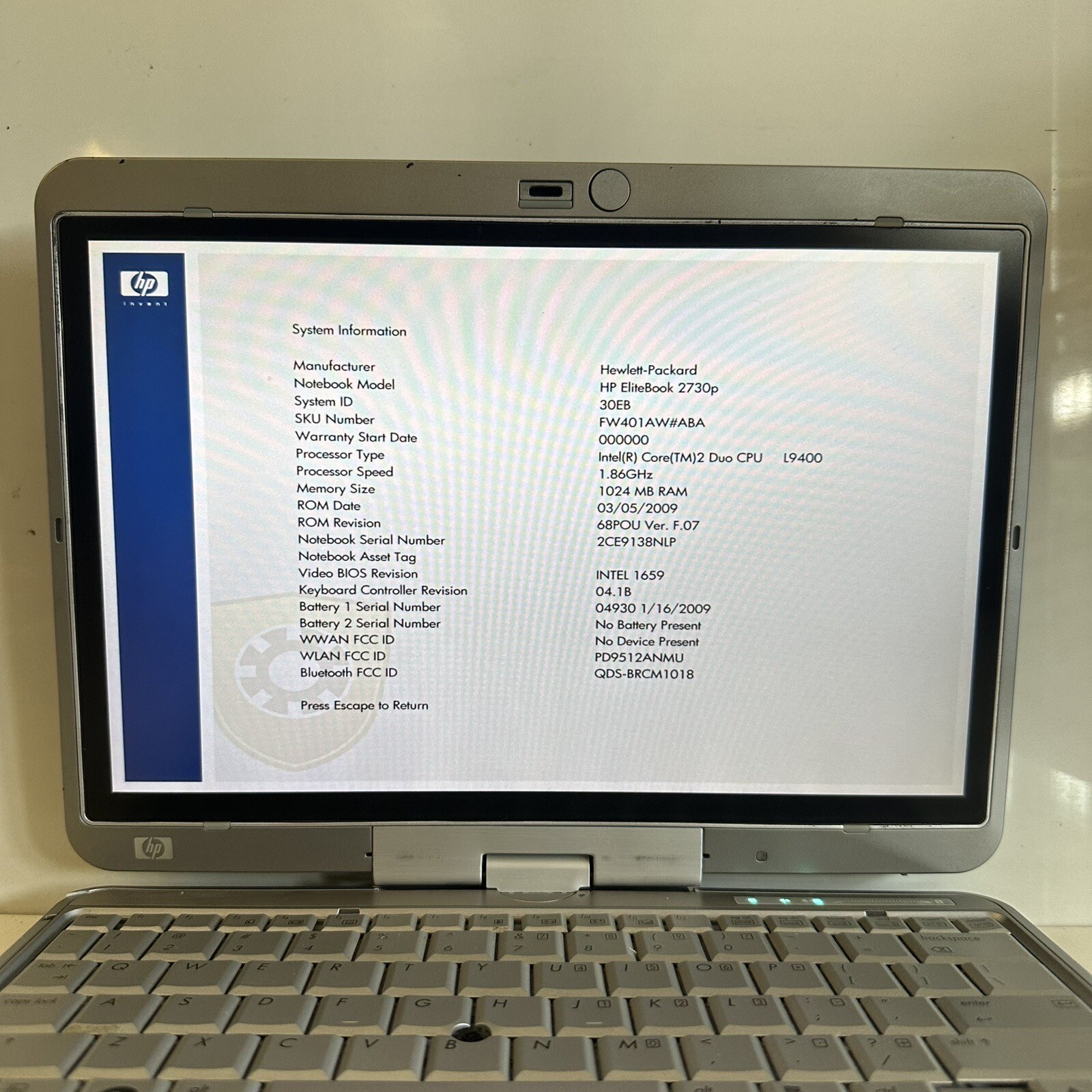 HP EliteBook 2730p 12.1” Laptop Tablet PC C2D 1GB RAM No HDD – Scraps/Salvage