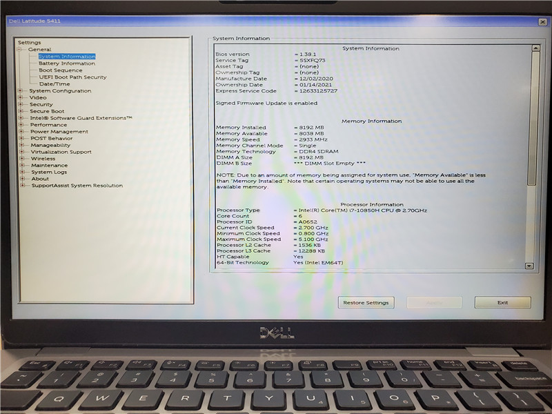 Dell Latitude 5411 Laptop i7-10850H 2.7GHz 8GB 1TB SSD MX250 Win 10 Pro COA