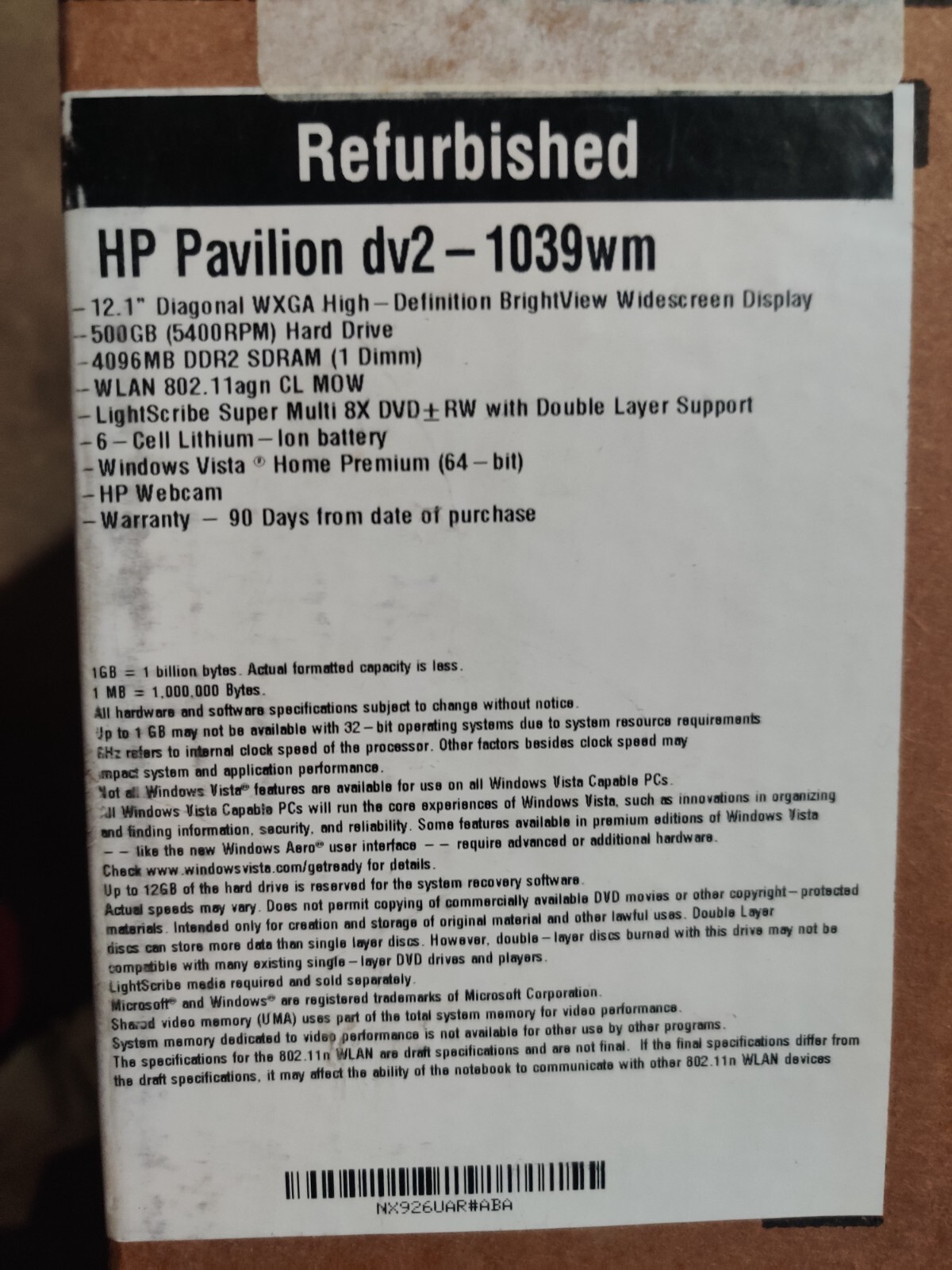 Sealed HP PAVILION dv2-1039wm 500GB HDD 12.1″