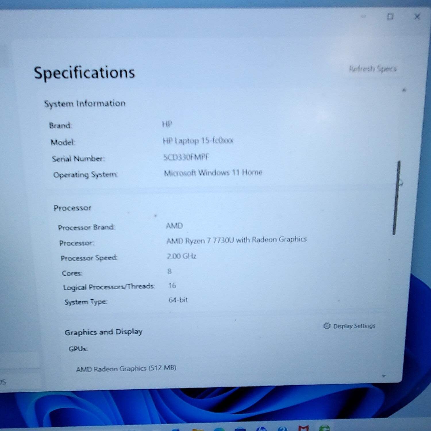 HP Pavilion 15-FC0077OD 15.6″ Ryzen 7 7730U 2.0GHz 16GB RAM 256GB SSD READ