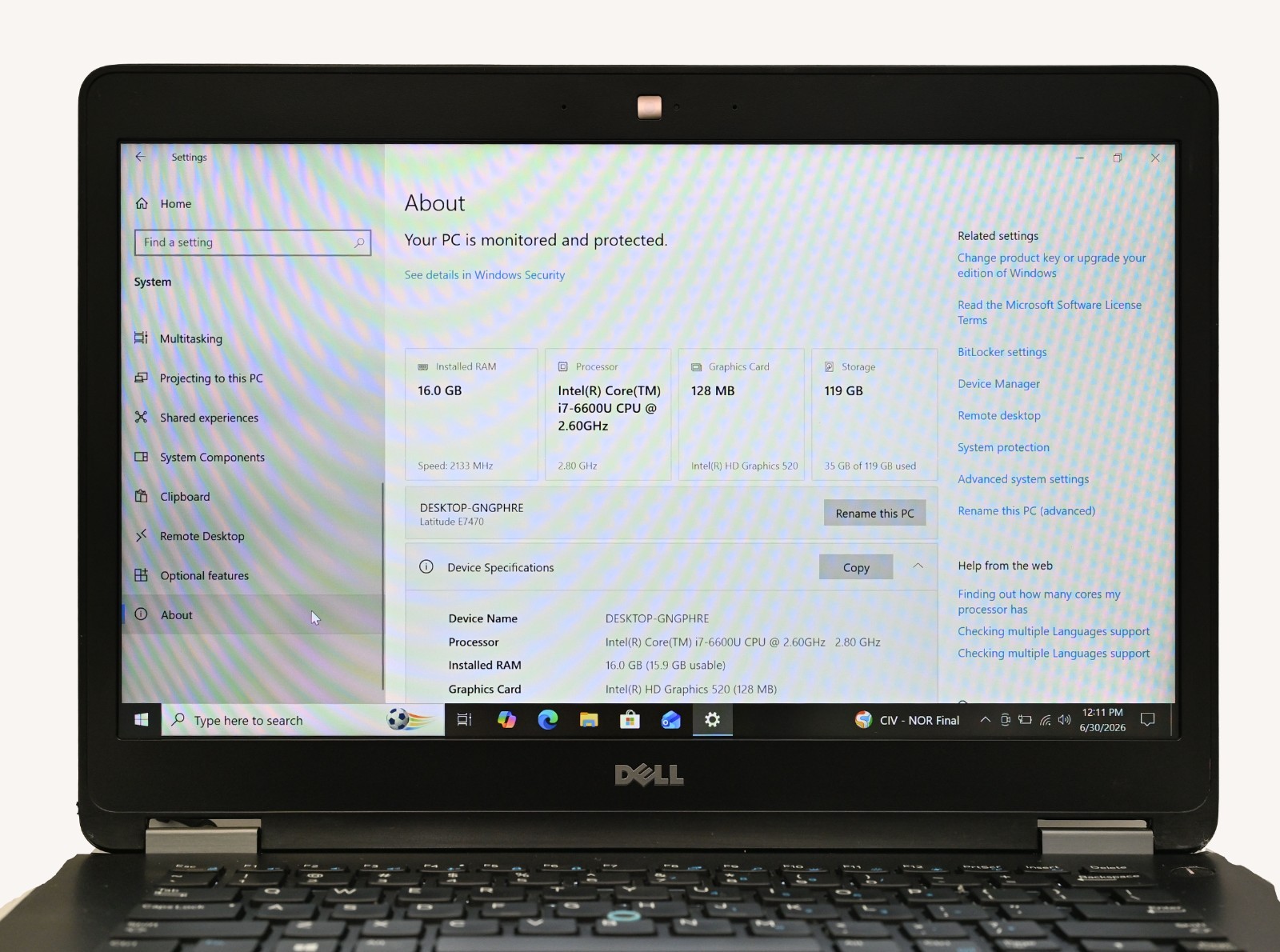 Dell Latitude E7470 i7-6600U 2.6GHz 16GB RAM 128GB SSD – Win 10 Pro BH: 96.5%