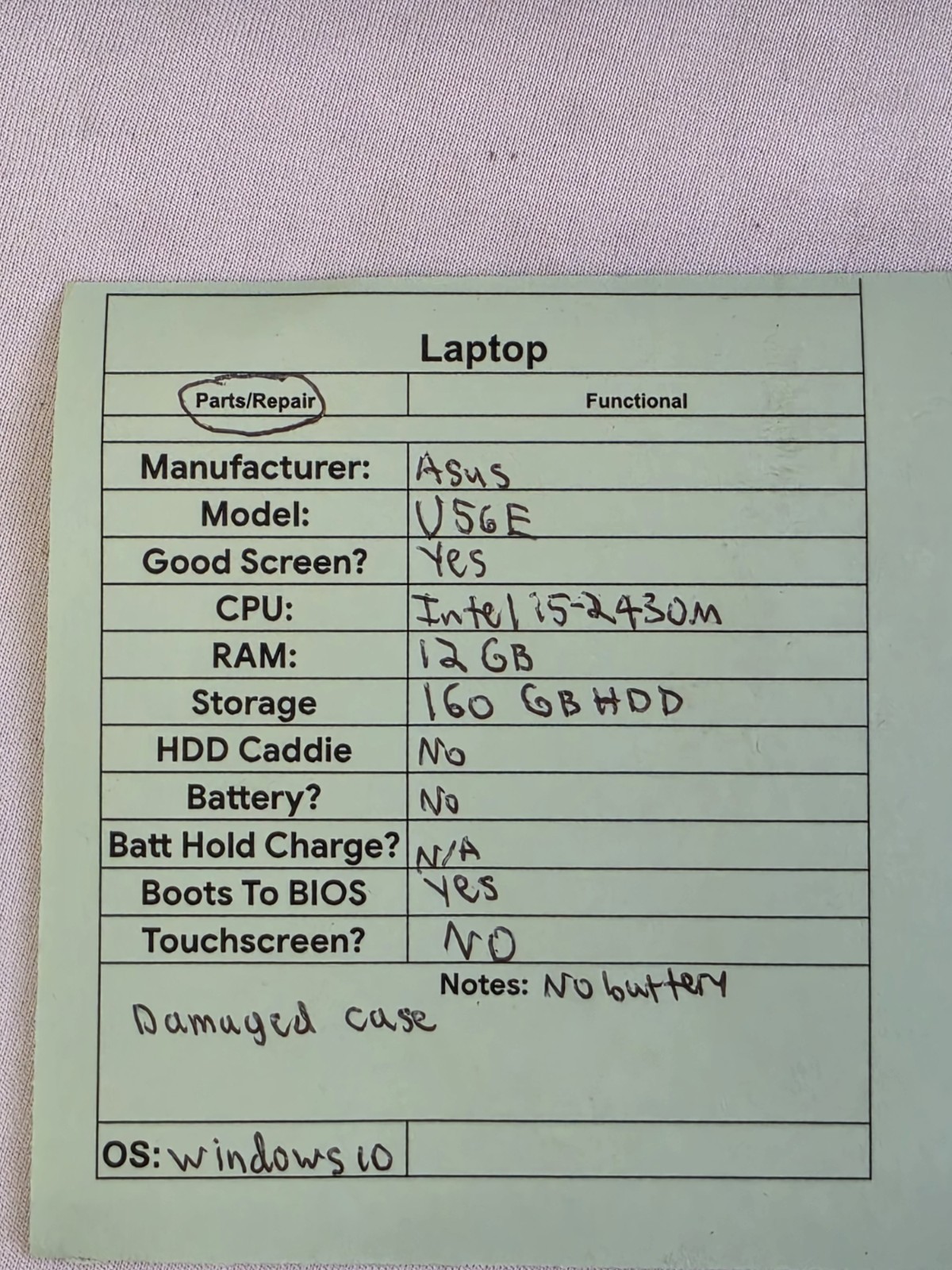 ASUS U56E Laptop – Intel i5-2430m – 12GB RAM – 160GB HDD NO BATT Win 10 – READ