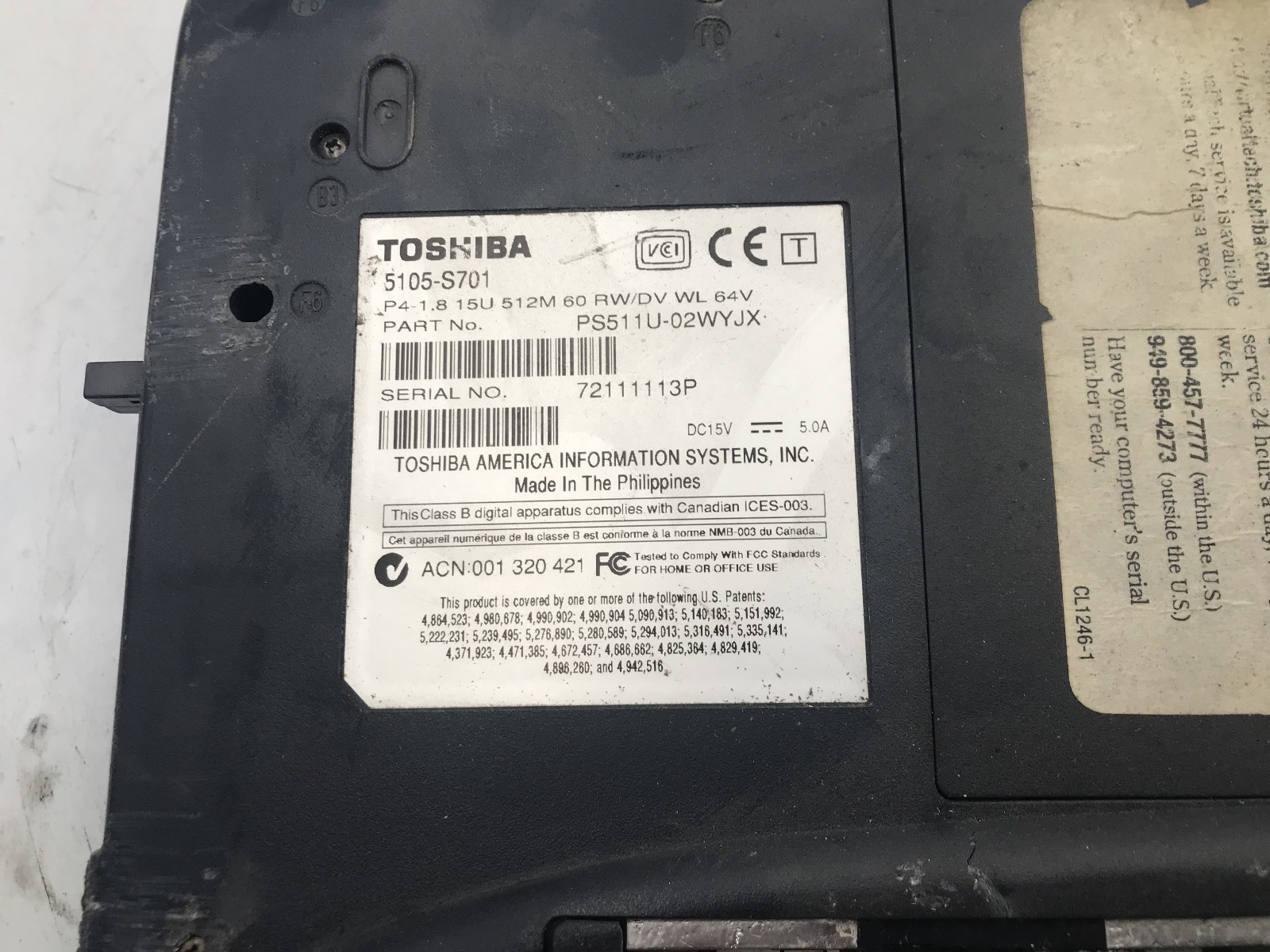 TOSHIBA 5105 S701 – FOR PARTS/DRILLED MOBO – INTEL PENTIUM 4 M – NO RAM -READ-BB