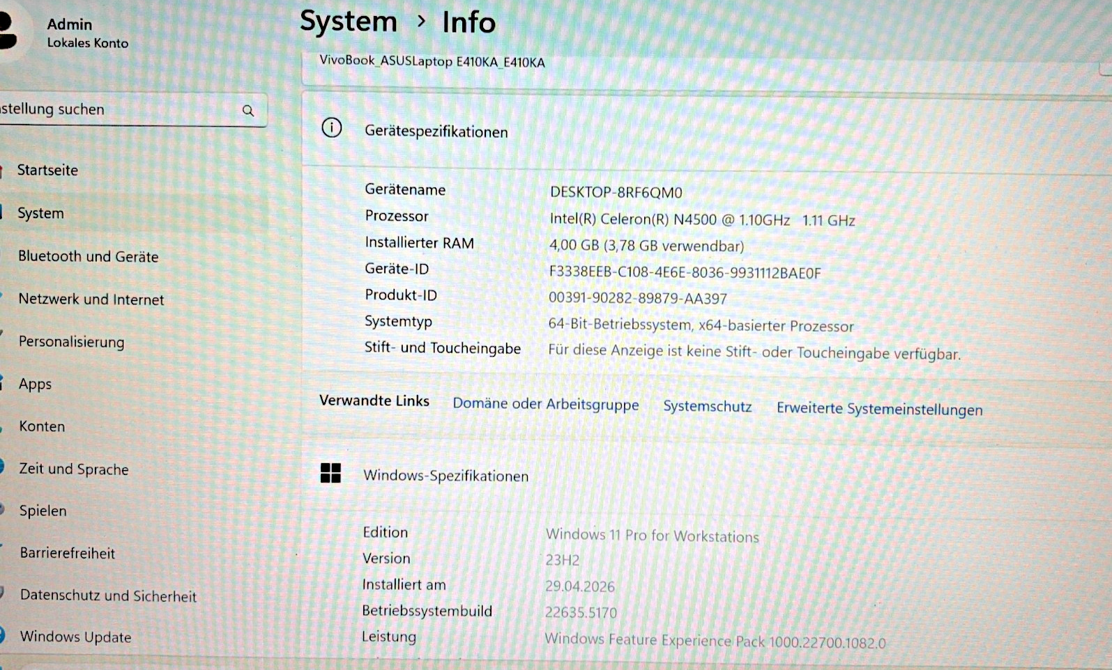 ASUS VivoBook 14″ E410KA Win 11 4GB RAM 128GB eMMC Intel Celeron N4500