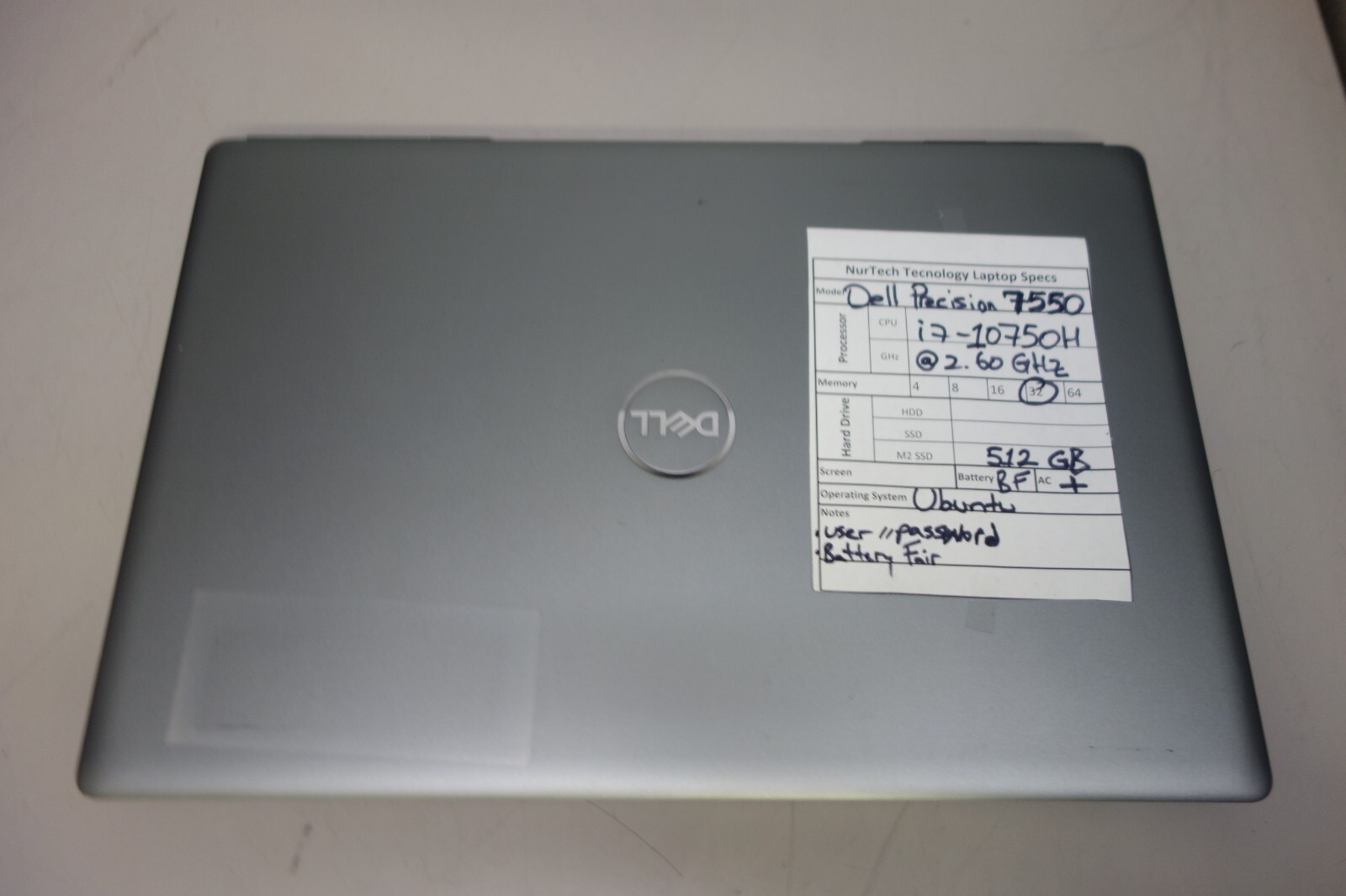 Dell Precision 7550 15.6″ i7-10750H 2.6GHz 32GB/512GB m2 SSD UBUNTU Laptop + AC