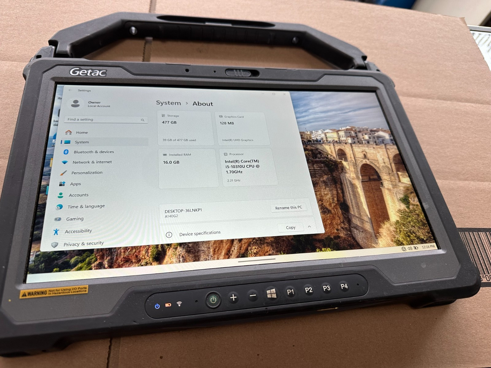 Getac A140 G2 Rugged Tablet Core i5-10310U 1.7GHz 16GB RAM 512GB NVMESSD 11 PRO