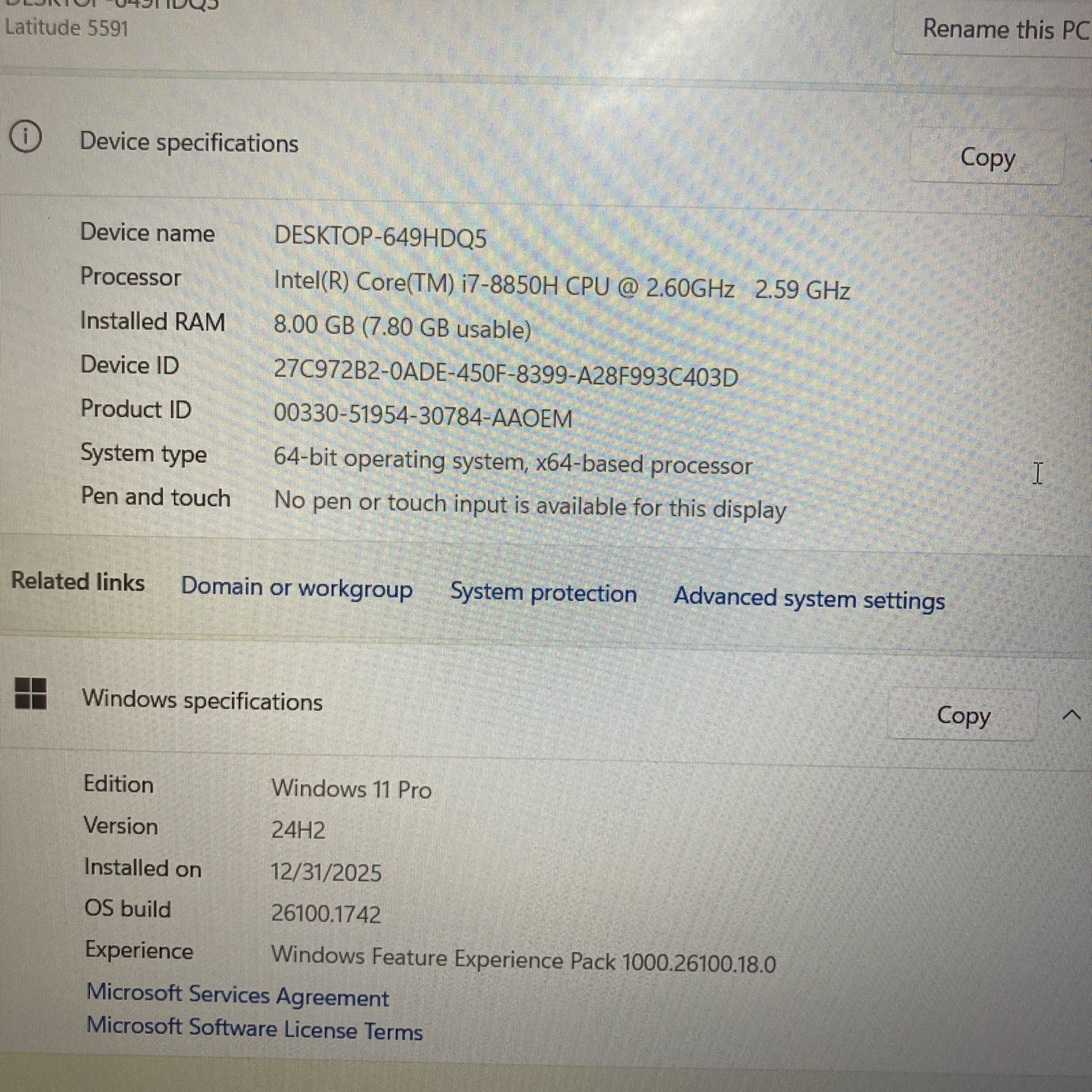 Dell Latitude 5591 i7-8850H 2.60 GHz 8Gb SSD 256Gb Win 11